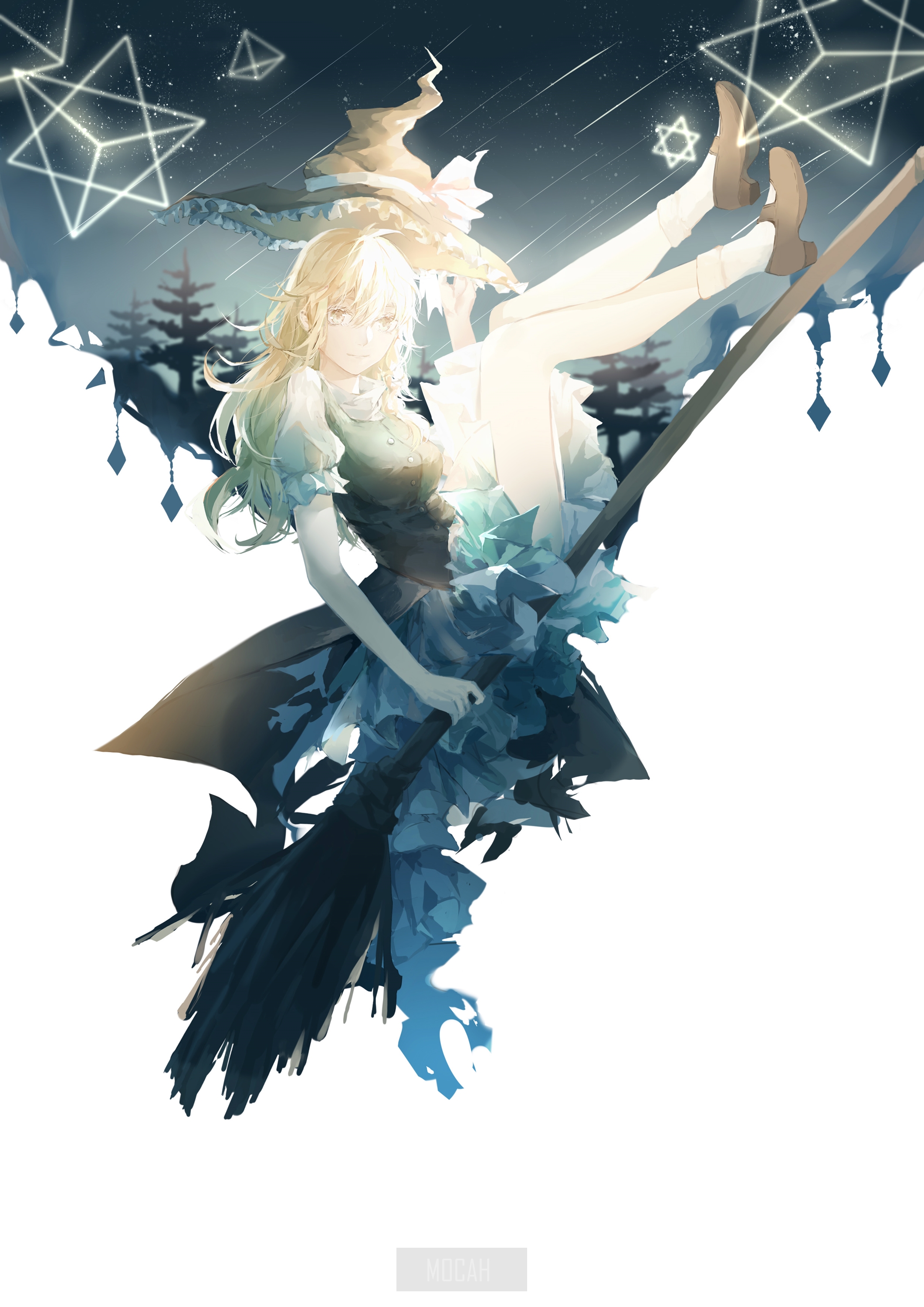Kirisame Marisa from Touhou flying on a broomstick HD Phone Wallpaper