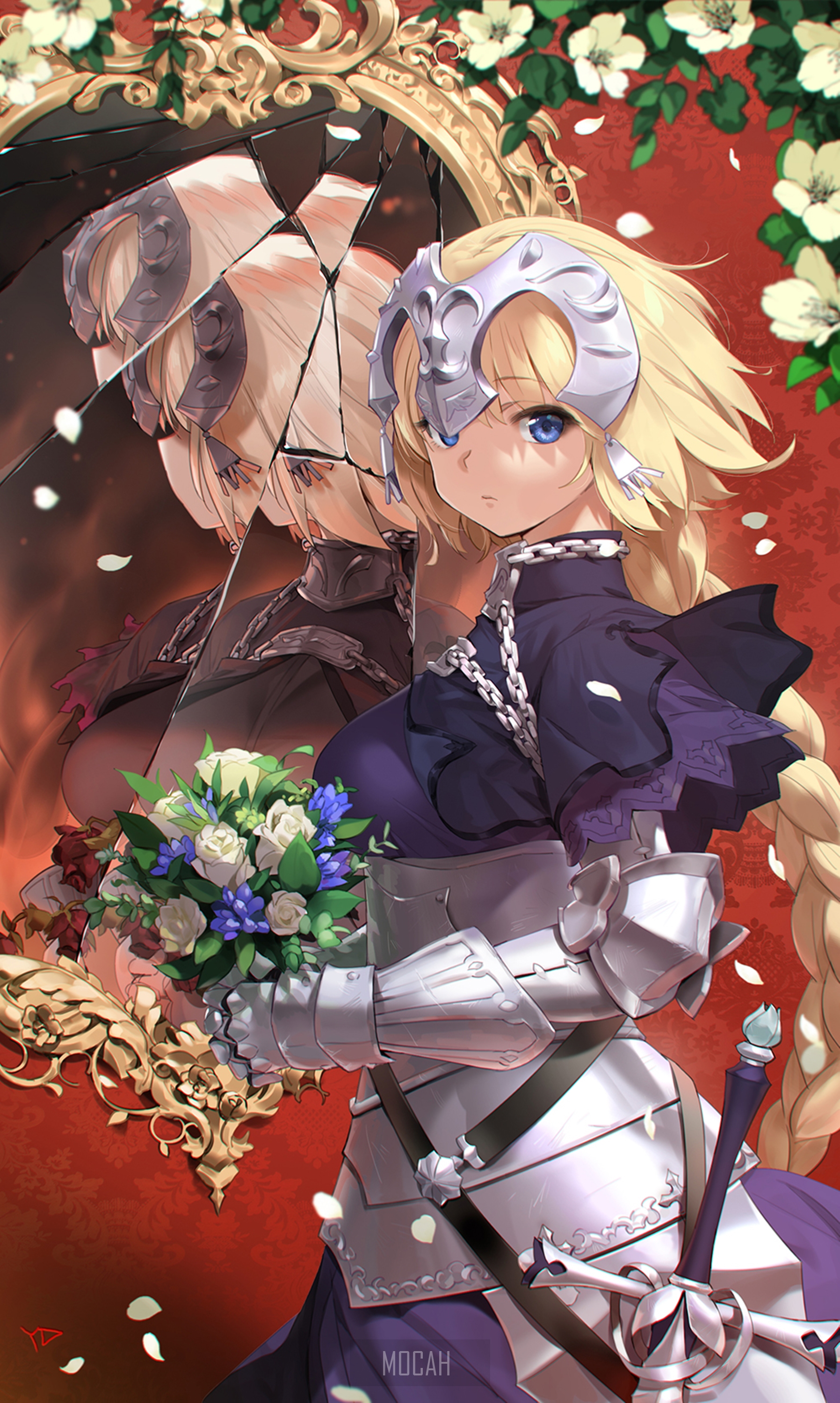 Jeanne d'Arc from Fate/Grand Order holding flowers HD Phone Wallpaper