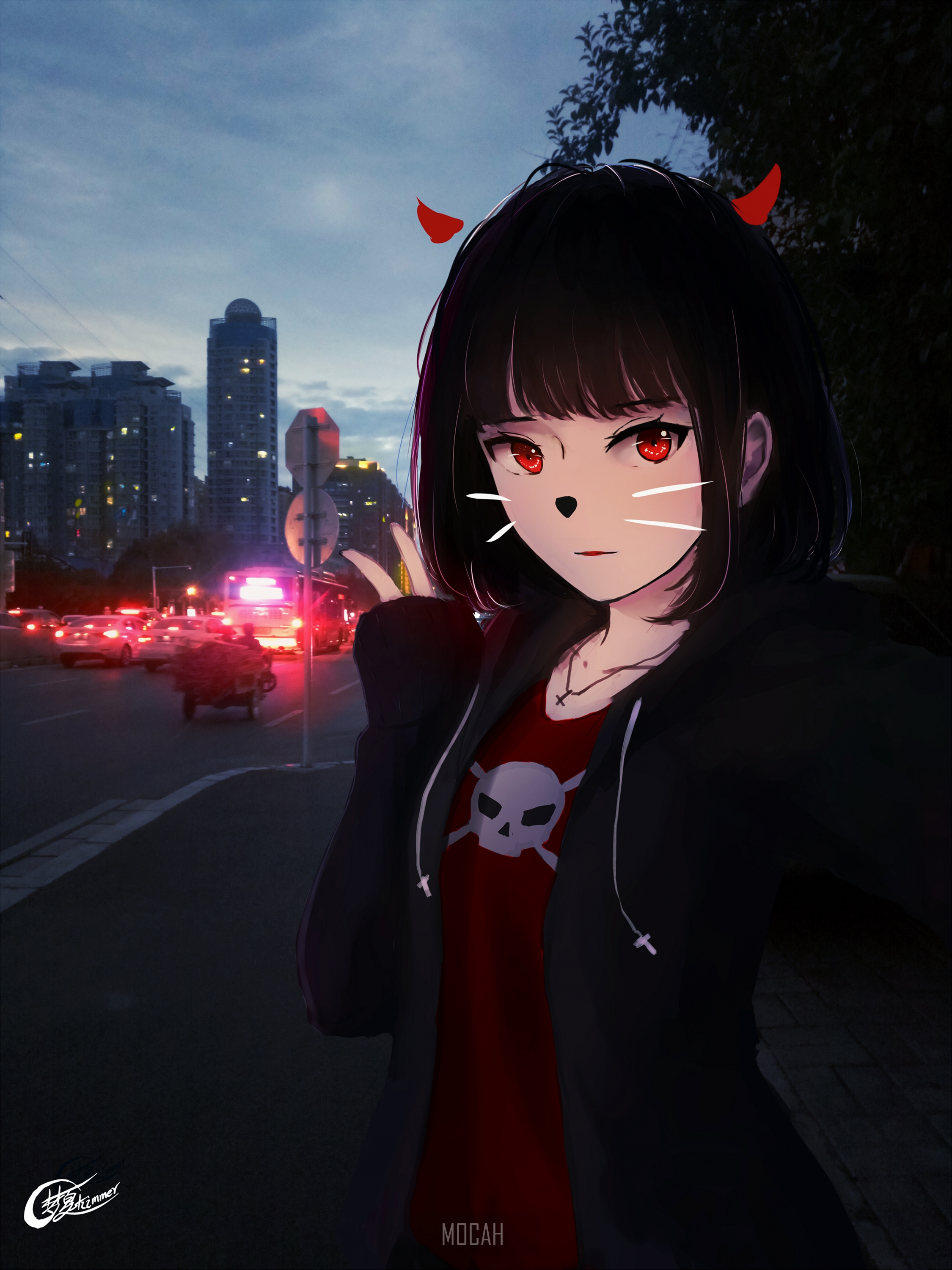 Anime girl with red eyes and devil horns in city at night HD Phone Wallpaper