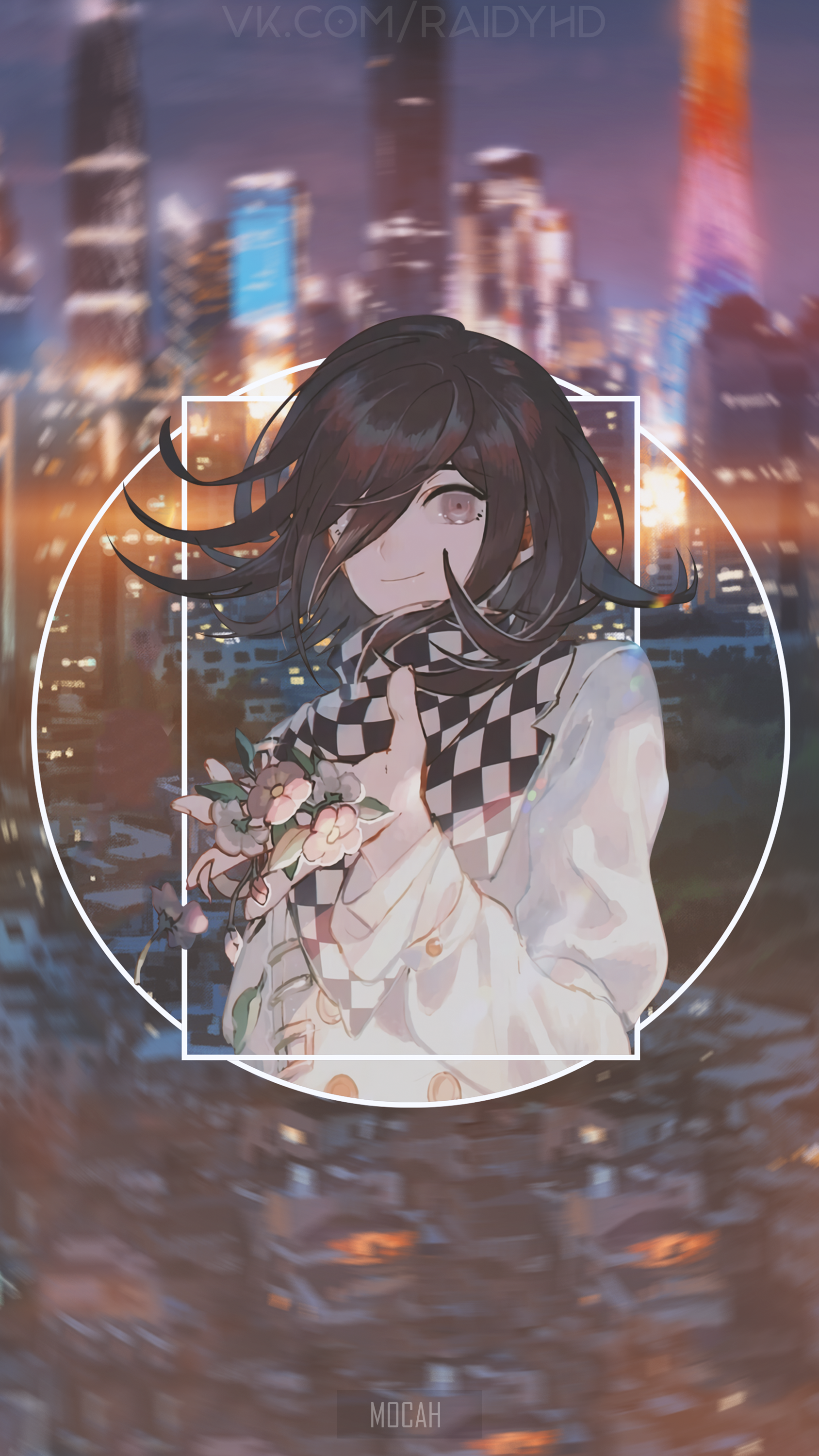 Anime Girl with Flowers and City Lights HD Phone Wallpaper