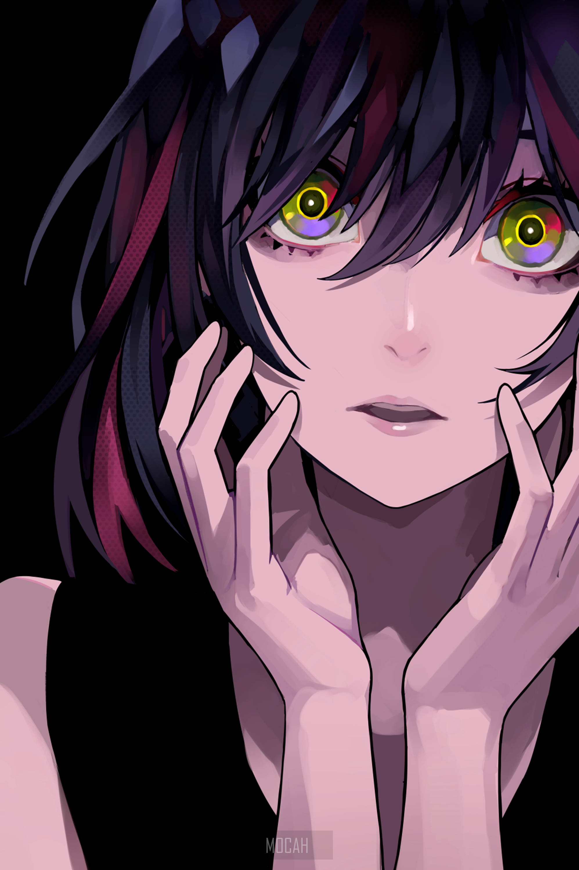 Anime girl with colorful eyes touching face HD Phone Wallpaper