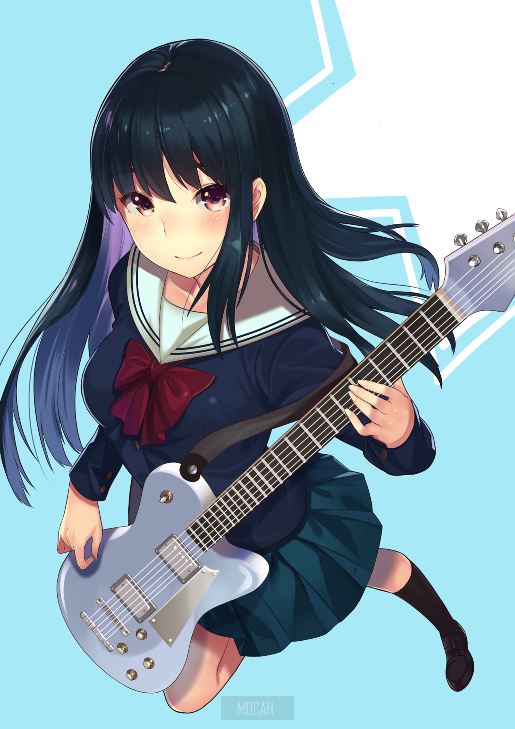 Anime girl with black hair playing a guitar HD Phone Wallpaper