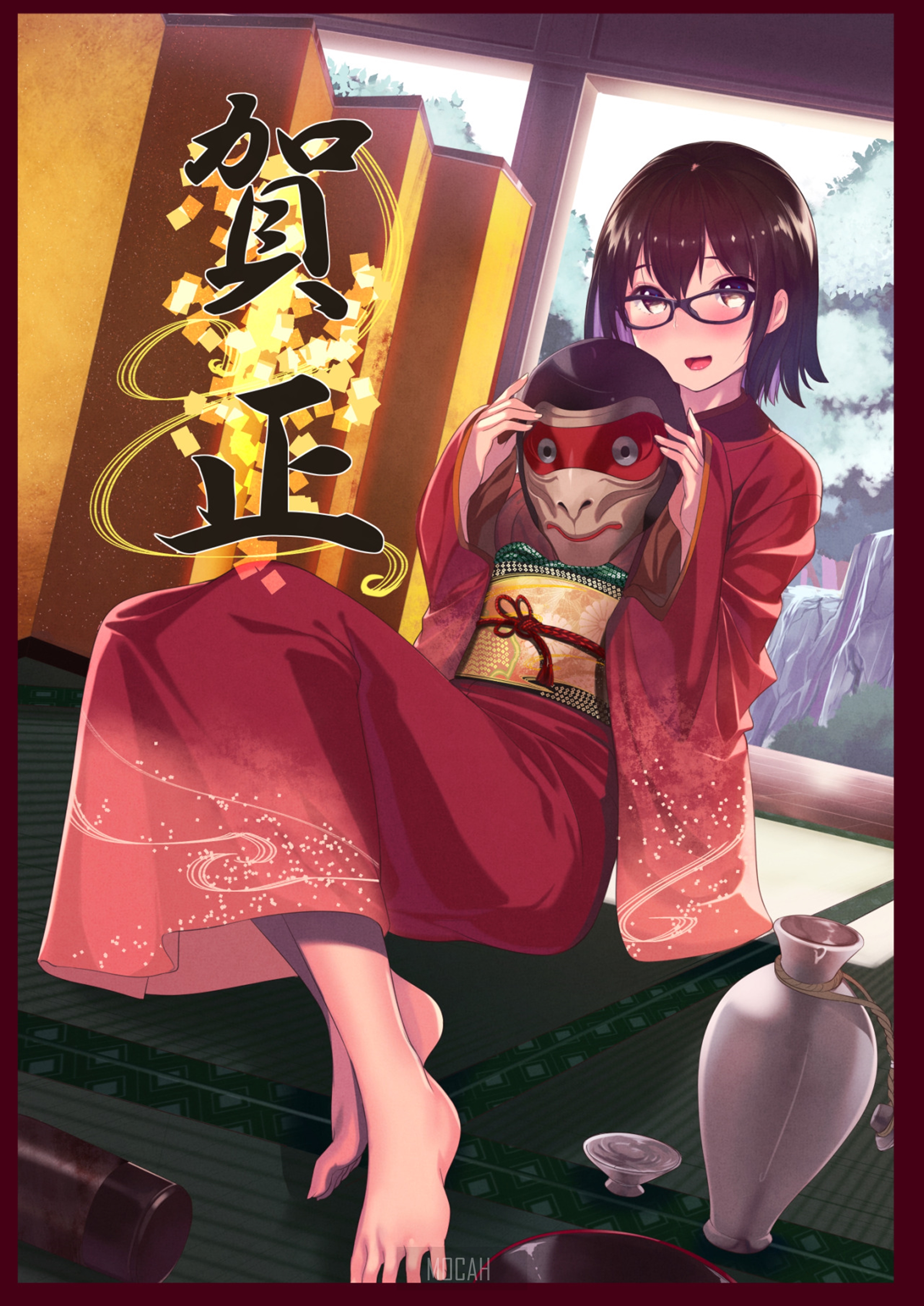 Anime girl in kimono holding a mask HD Phone Wallpaper
