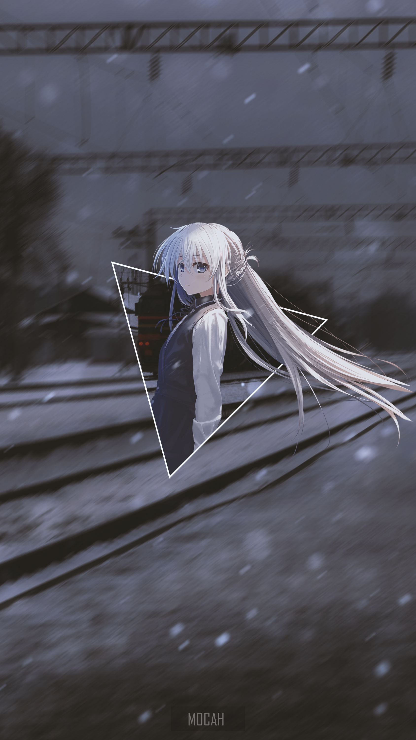 Anime girl with white hair on train tracks HD Phone Wallpaper