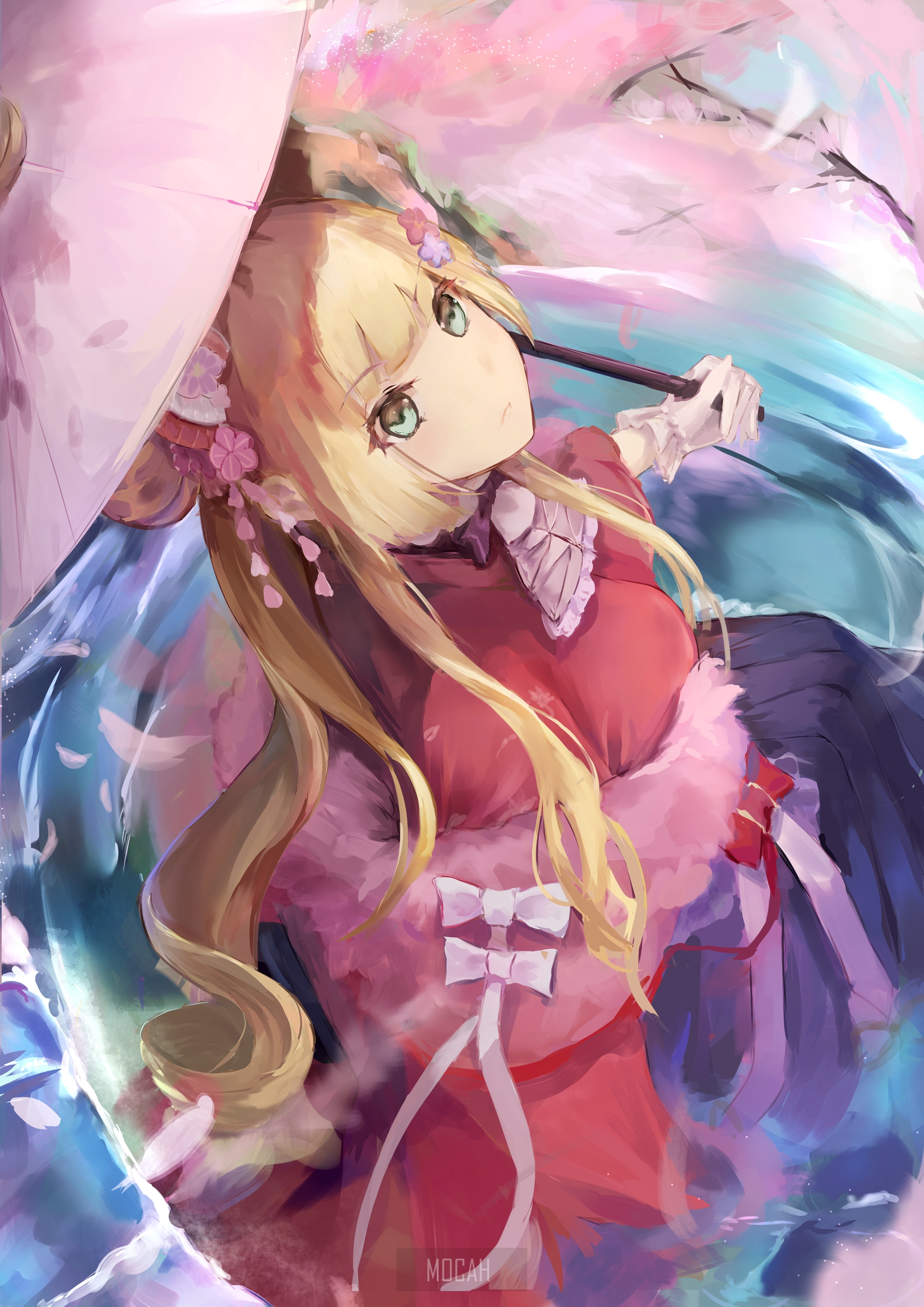 Kongou from Azur Lane with umbrella and cherry blossoms HD Phone Wallpaper