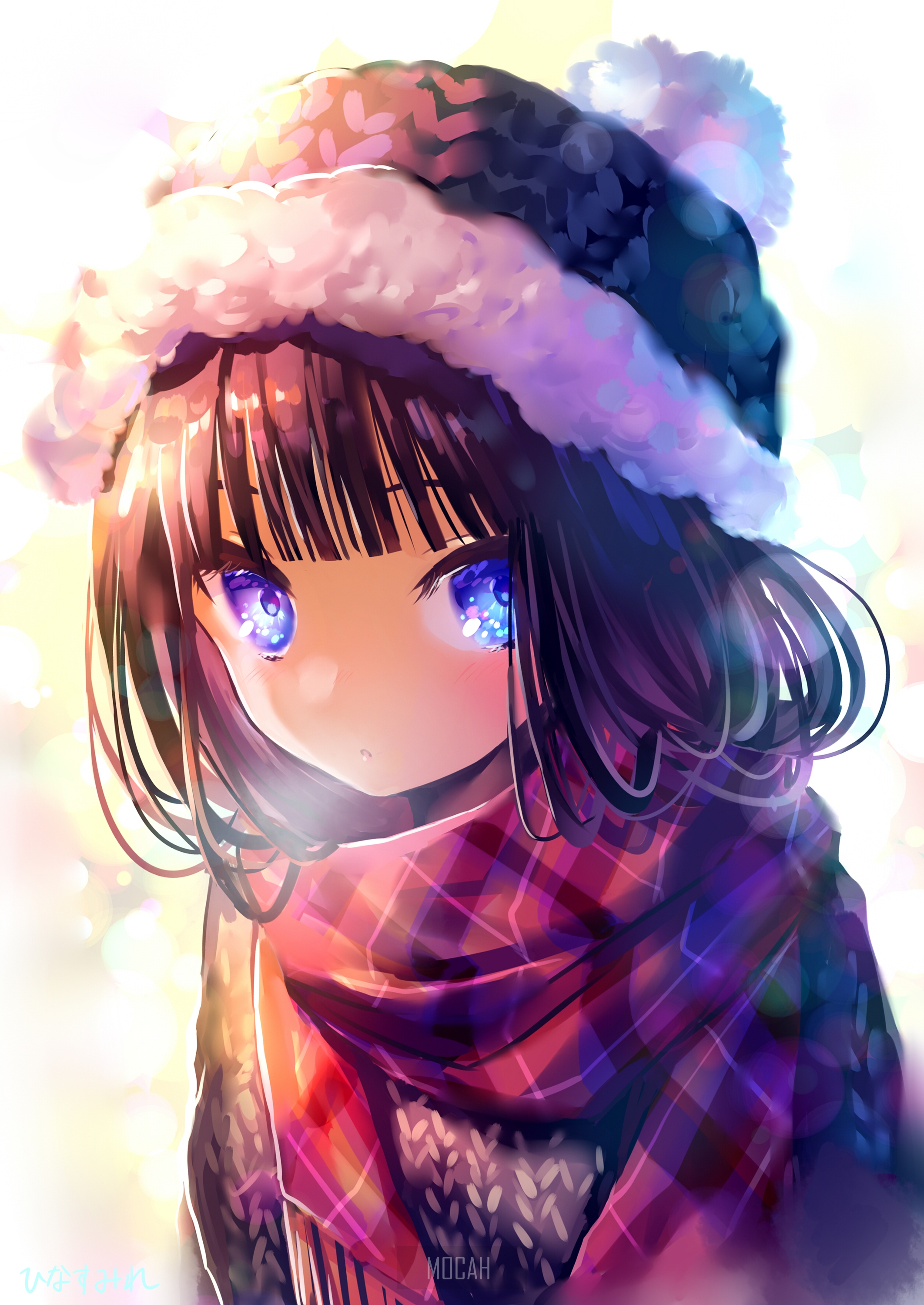Anime girl with blue eyes wearing winter clothes HD Phone Wallpaper