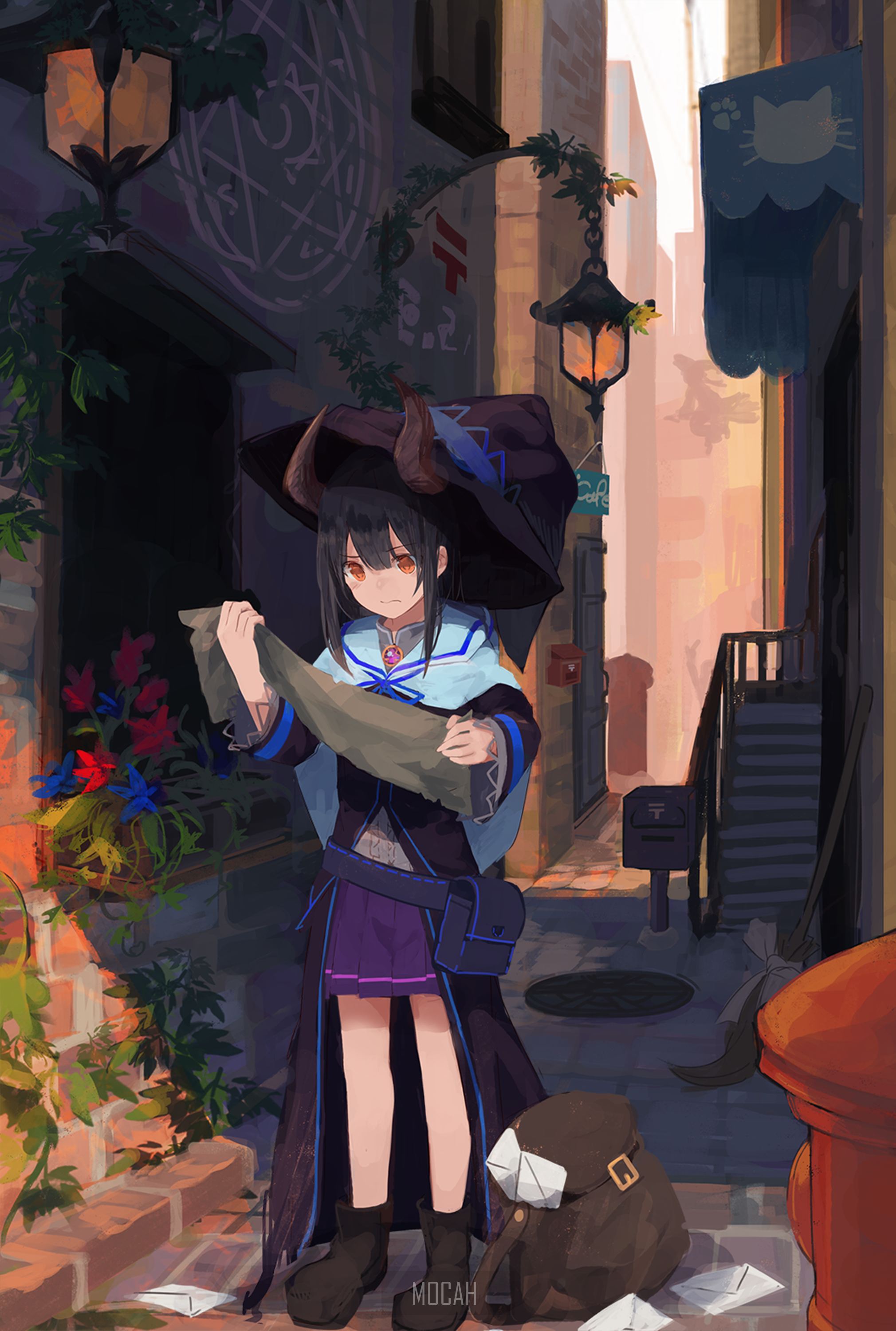 Anime girl with horns reading a scroll in an alley HD Phone Wallpaper