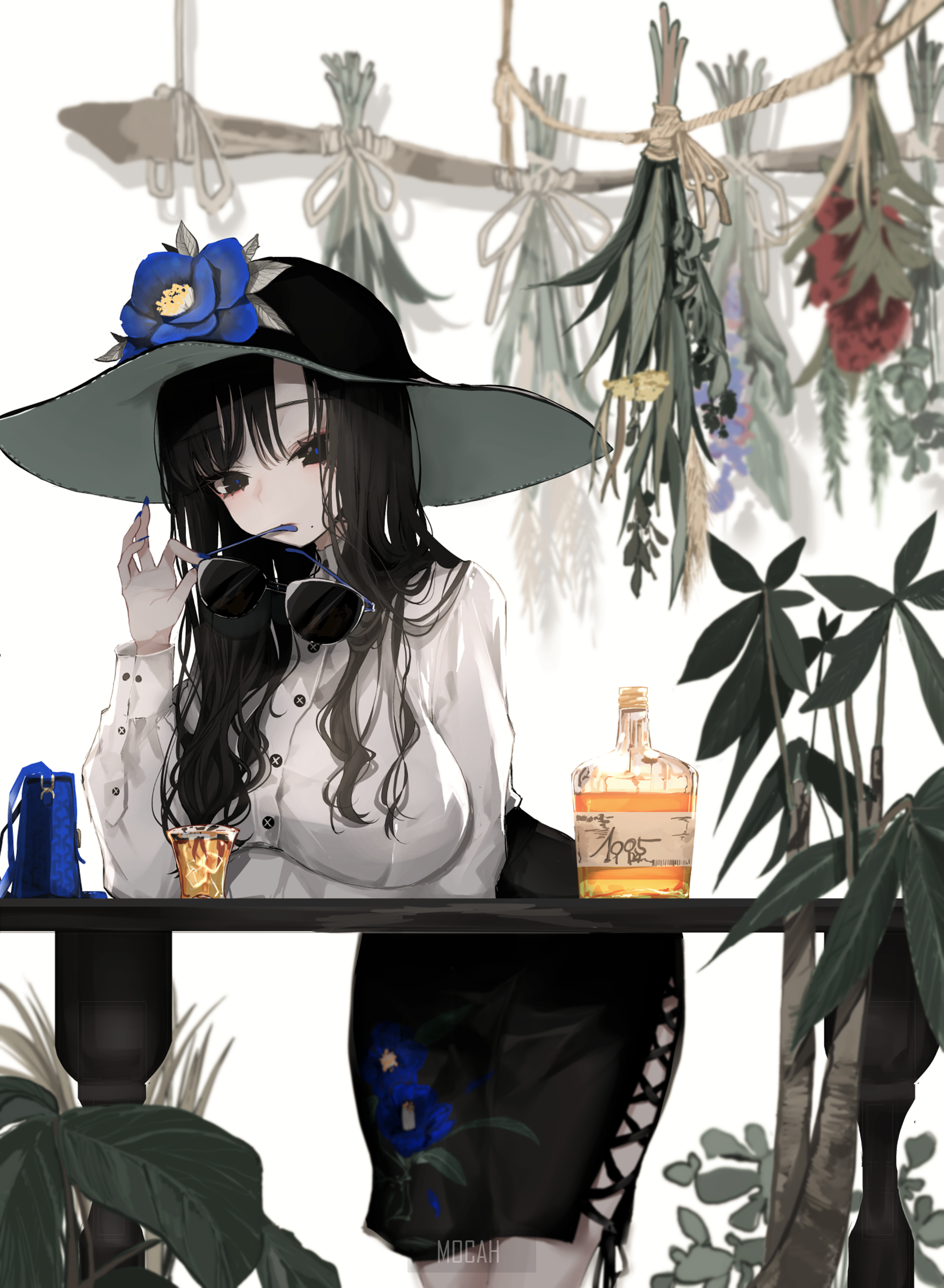 Anime girl with black hair and hat holding sunglasses HD Phone Wallpaper