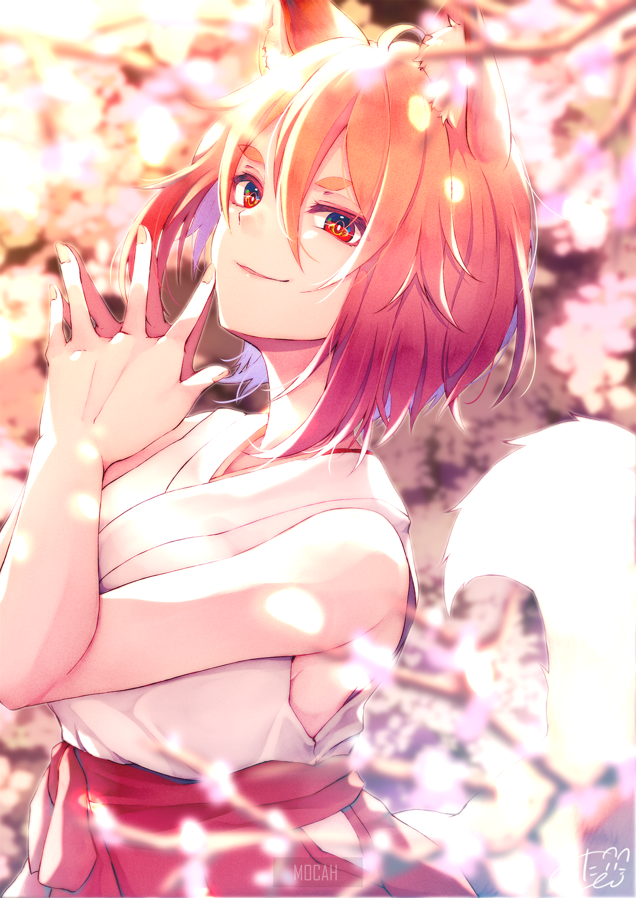 Anime fox girl with pink hair and red eyes HD Phone Wallpaper