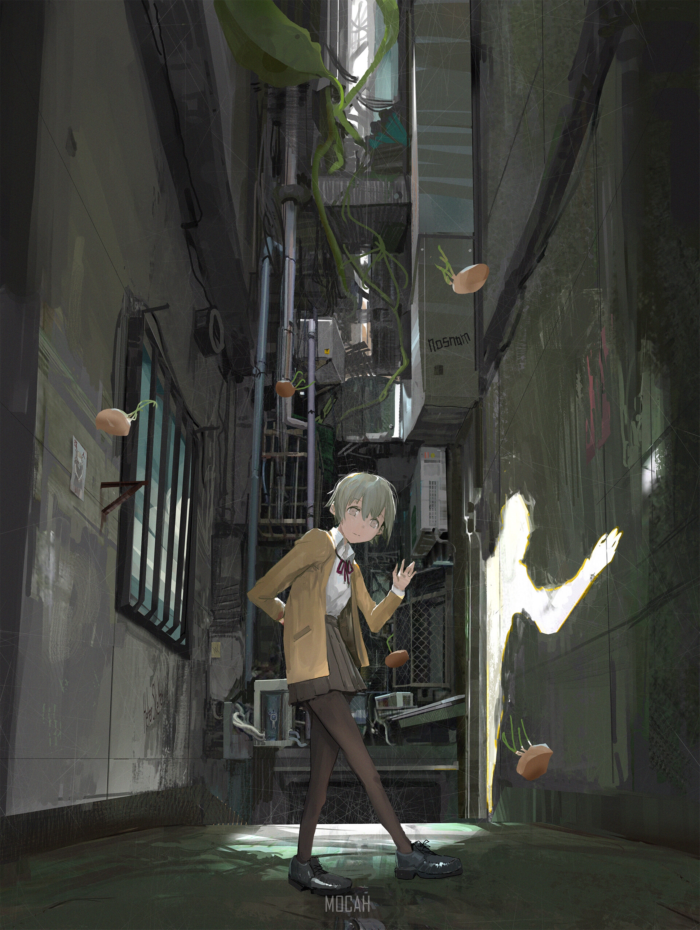 Anime girl in school uniform in an alley HD Phone Wallpaper