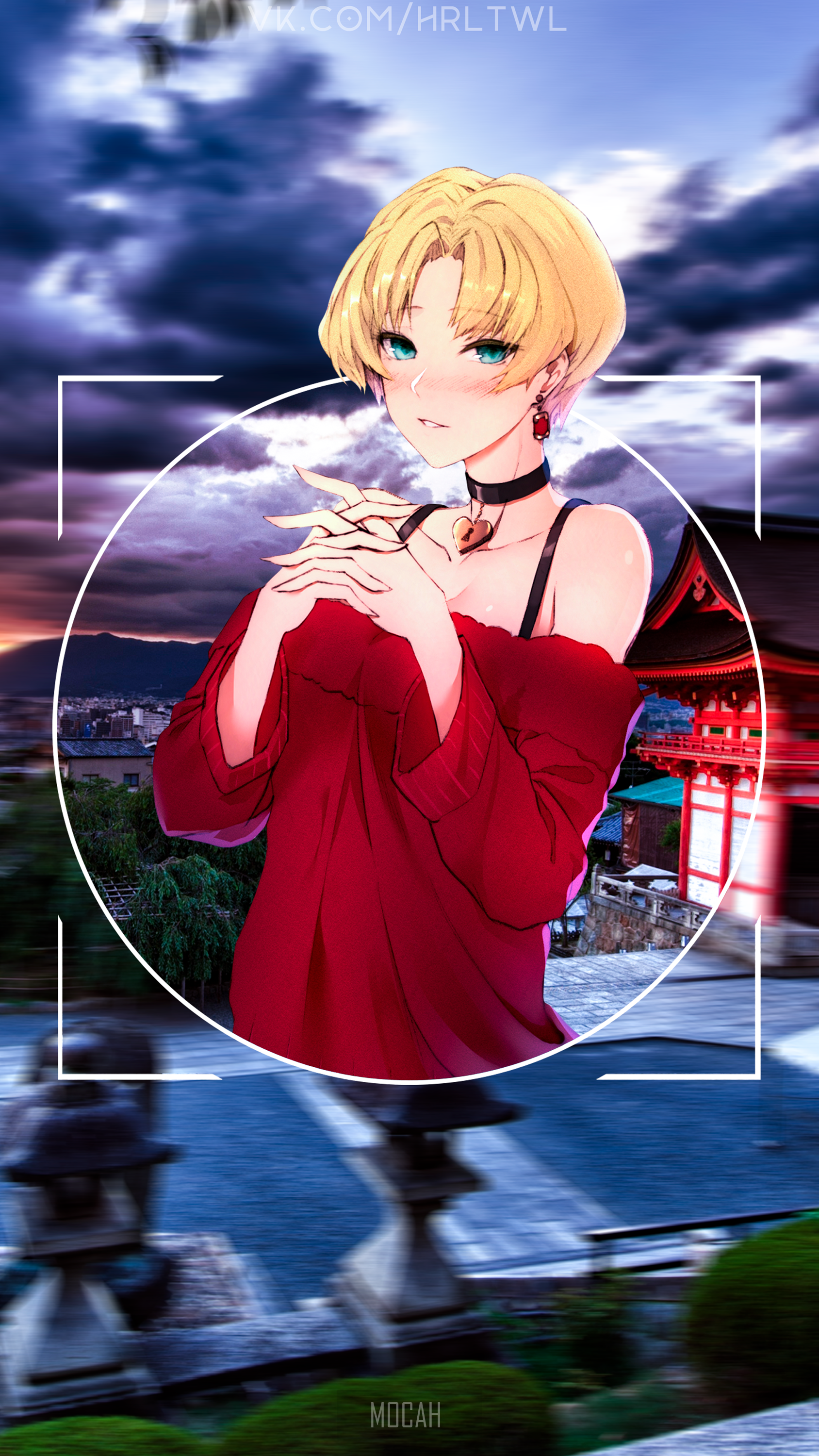 Anime girl with blonde short hair and red dress HD Phone Wallpaper