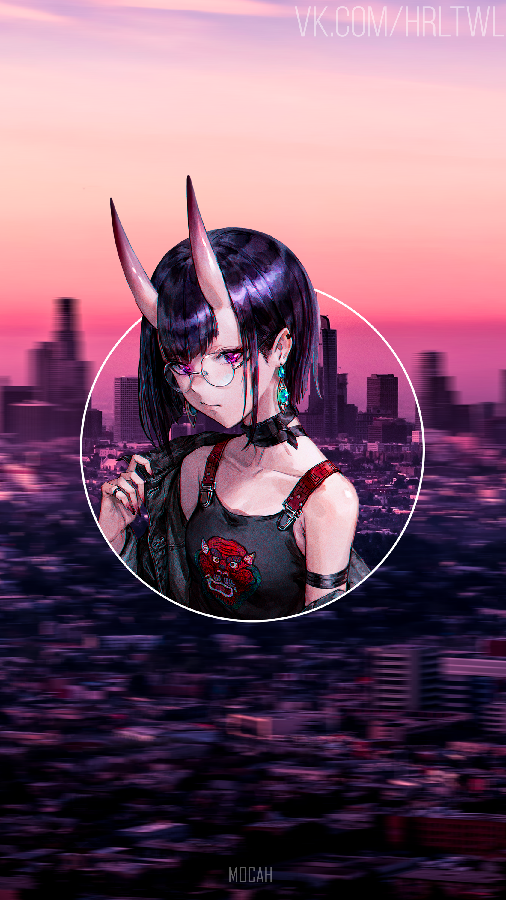Anime girl with horns and glasses over city skyline HD Phone Wallpaper