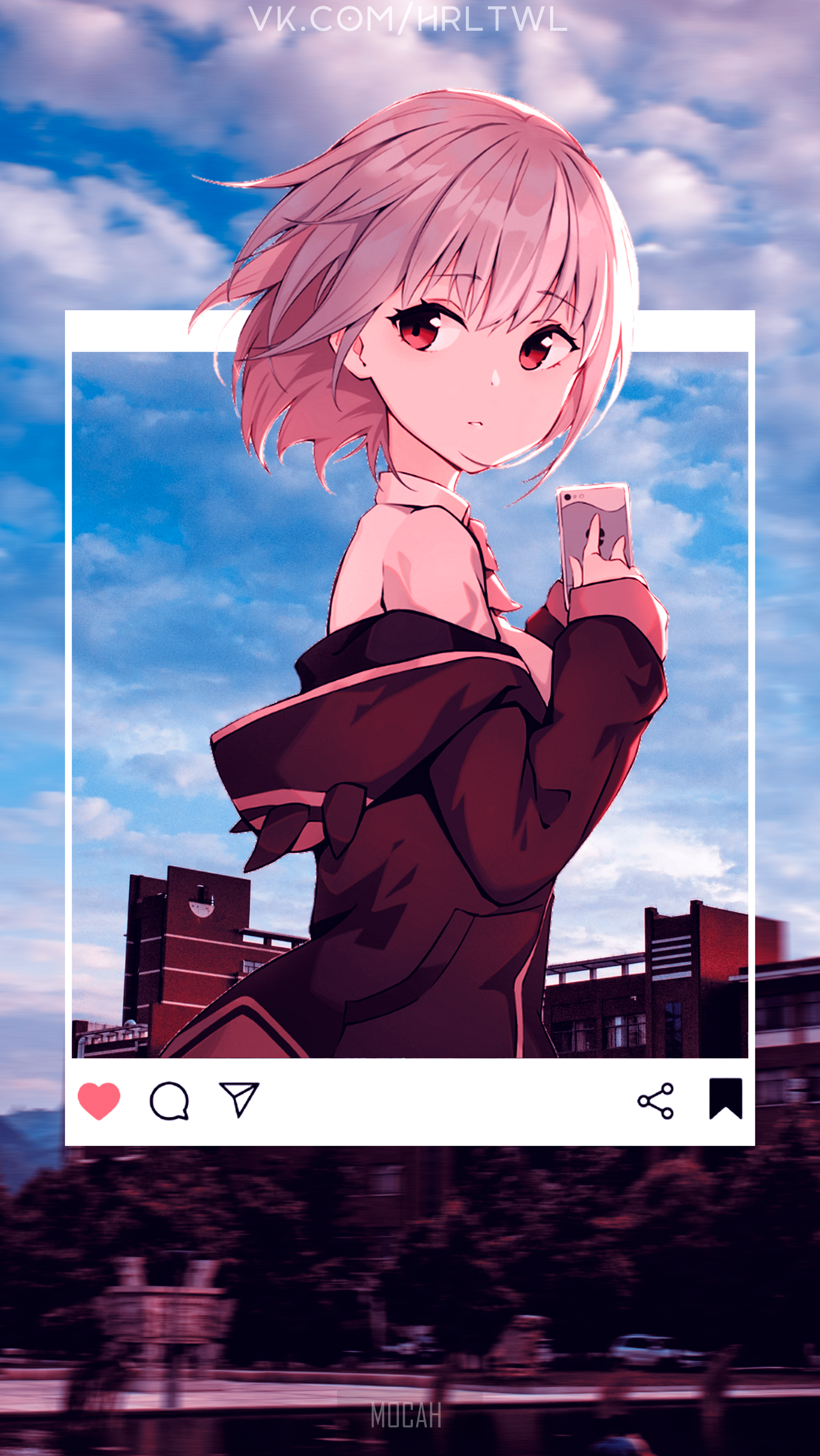 Anime girl with pink hair and red eyes holding a phone HD Phone Wallpaper