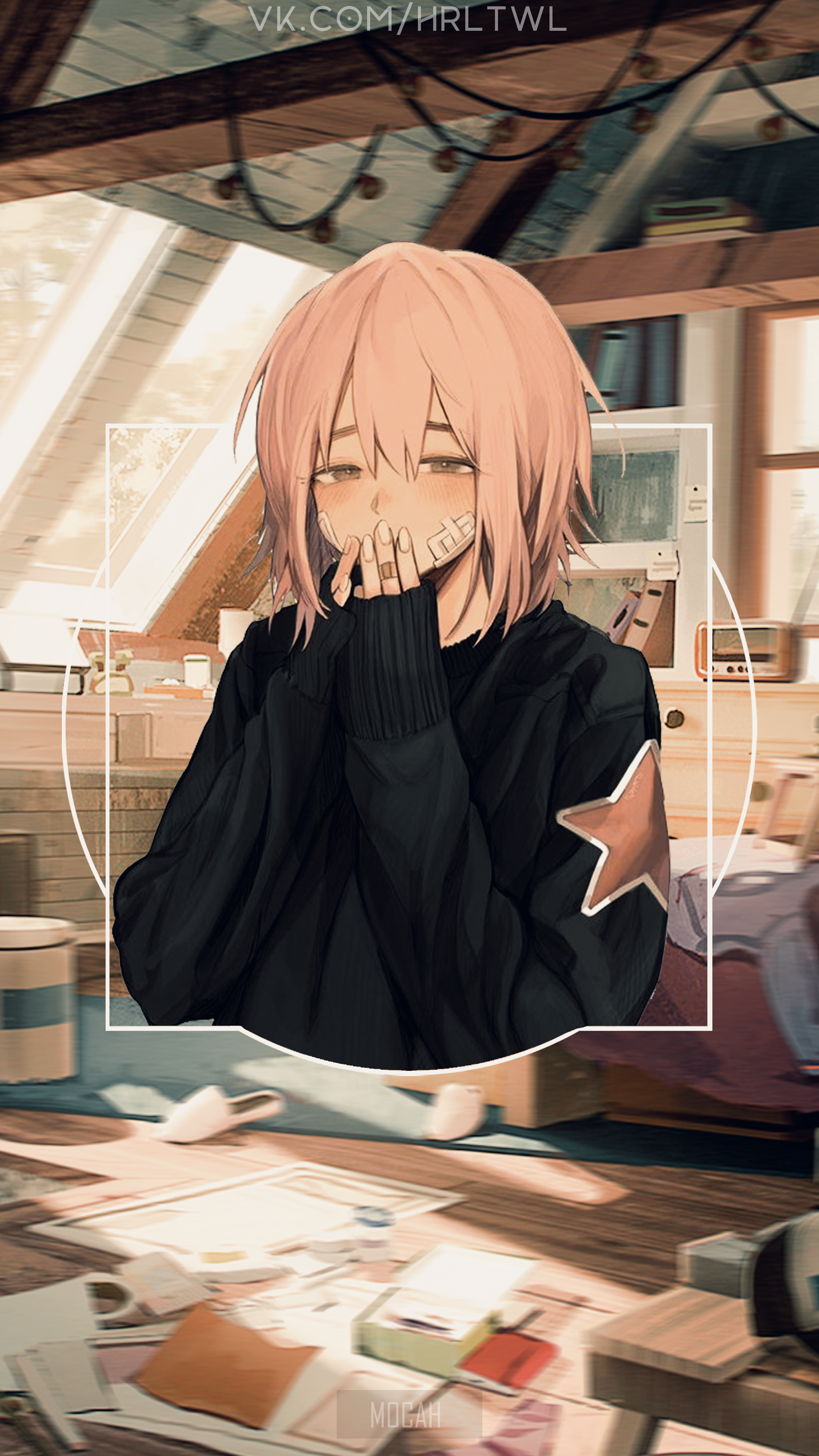 Anime girl with pink hair in a black sweater HD Phone Wallpaper
