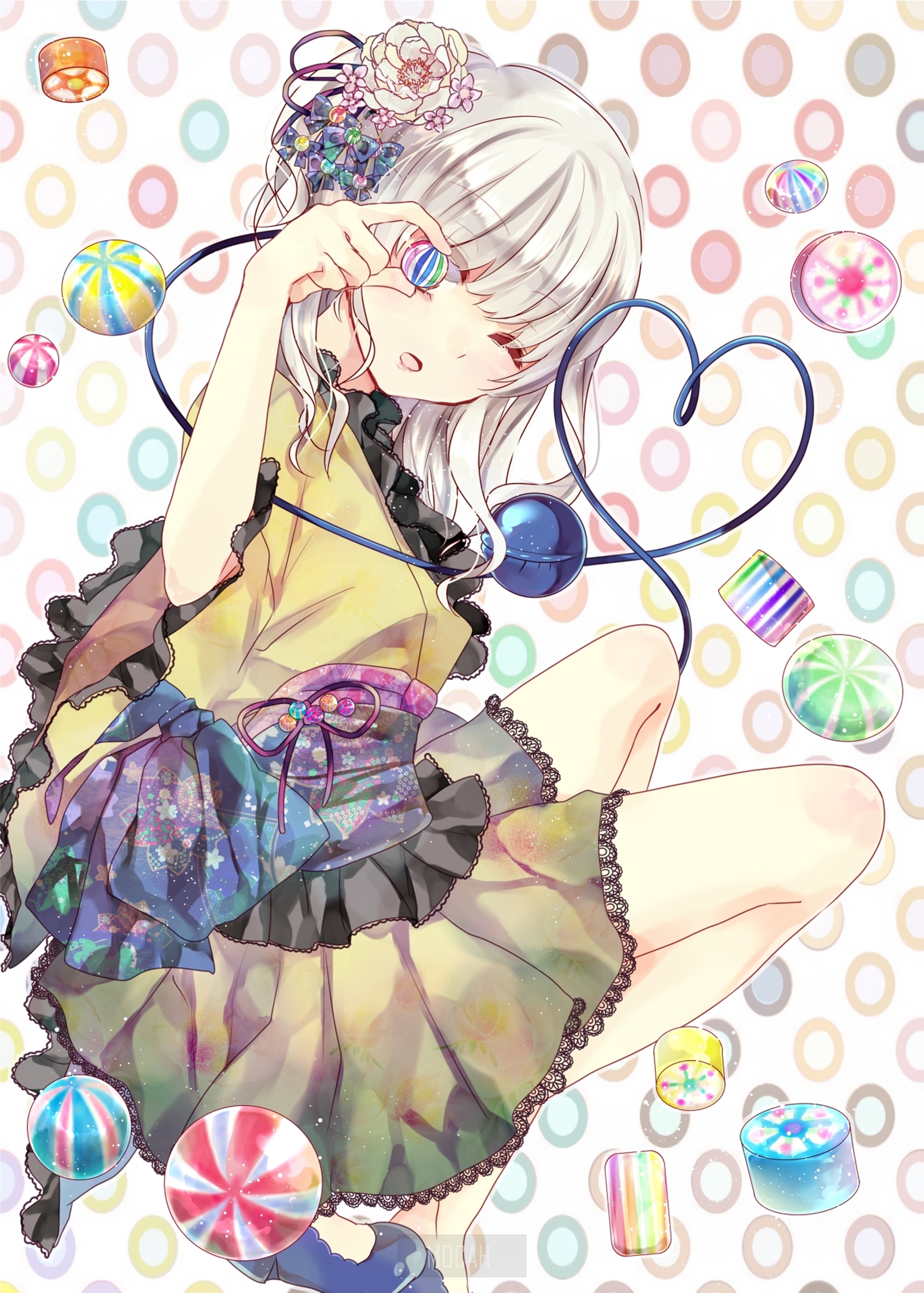 Komeiji Koishi from Touhou surrounded by candies HD Phone Wallpaper