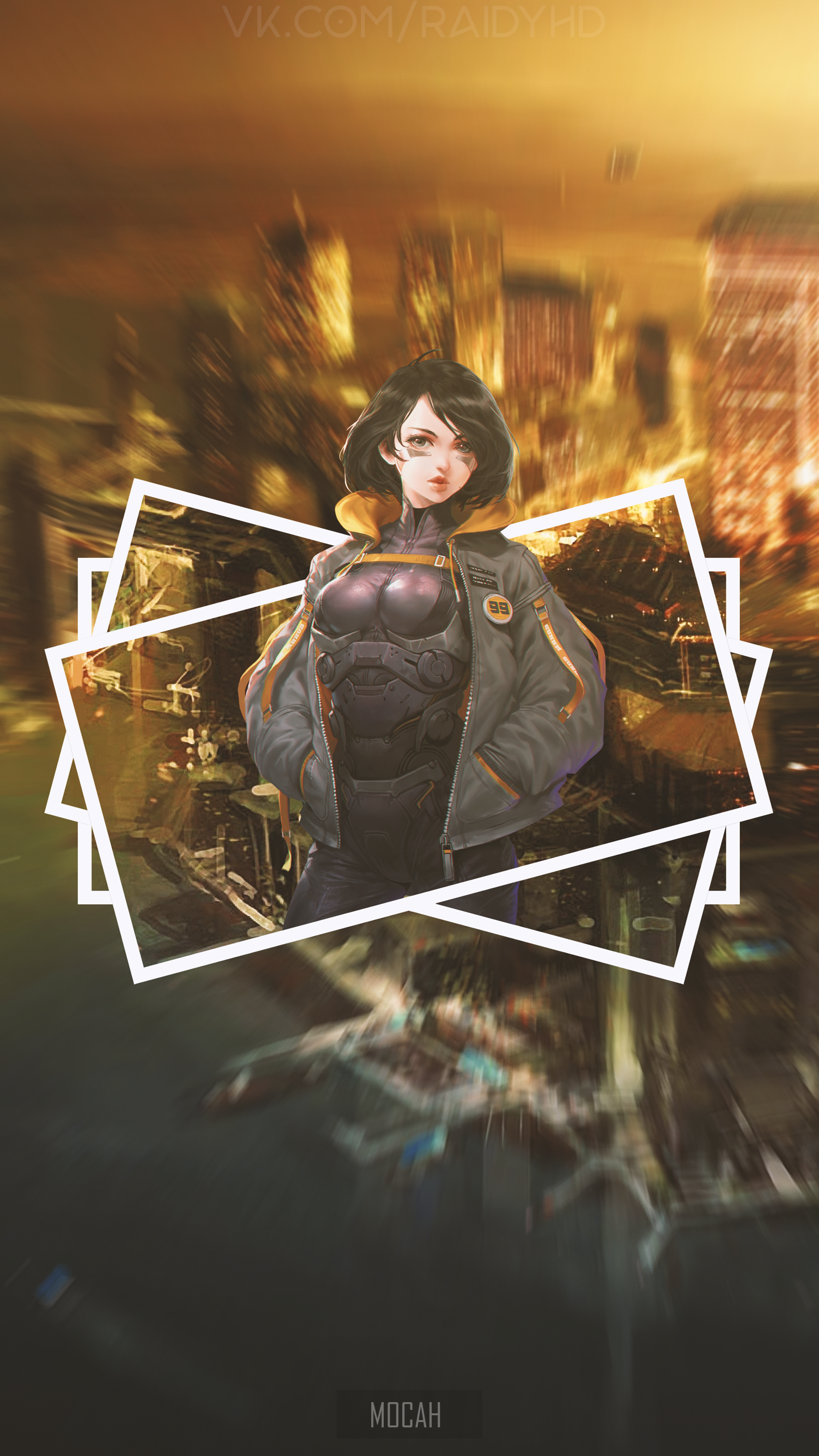 Anime girl in futuristic outfit with city background HD Phone Wallpaper