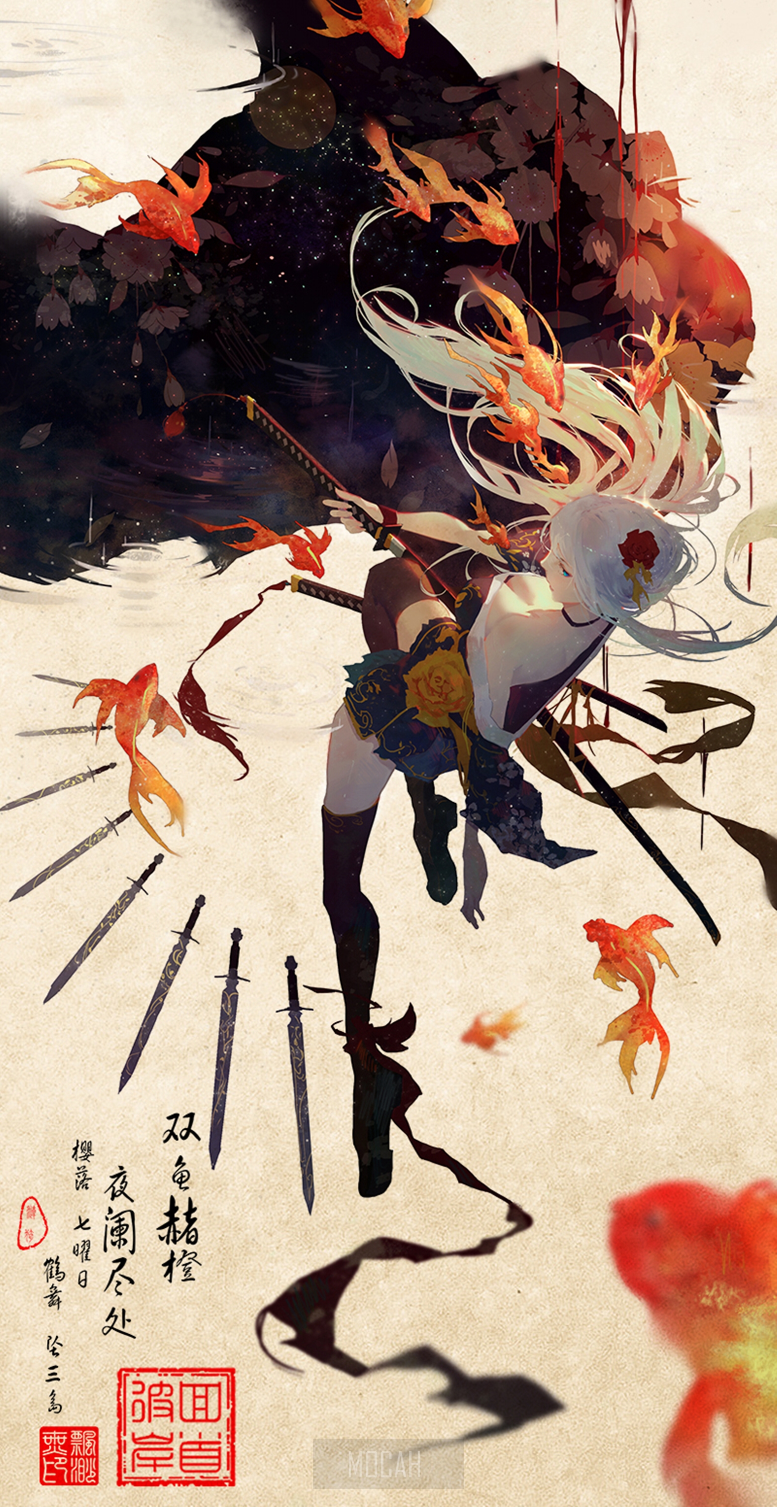 Anime girl with swords and koi fish HD Phone Wallpaper