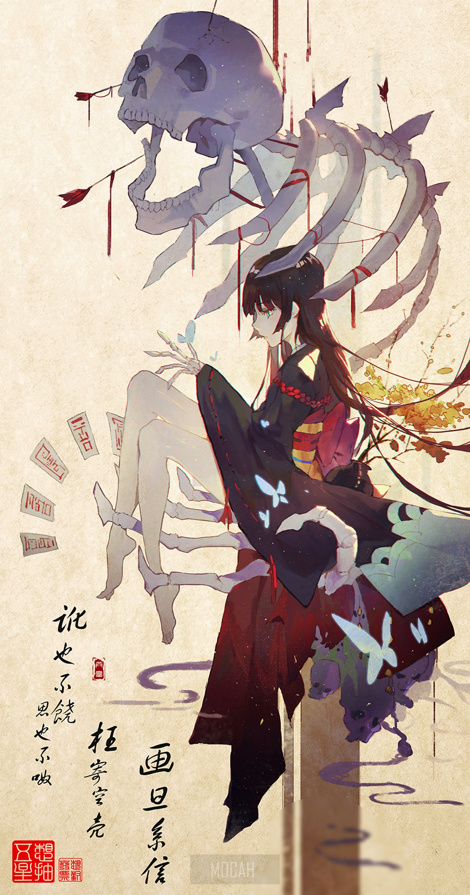 Anime girl with skeleton and arrows HD Phone Wallpaper