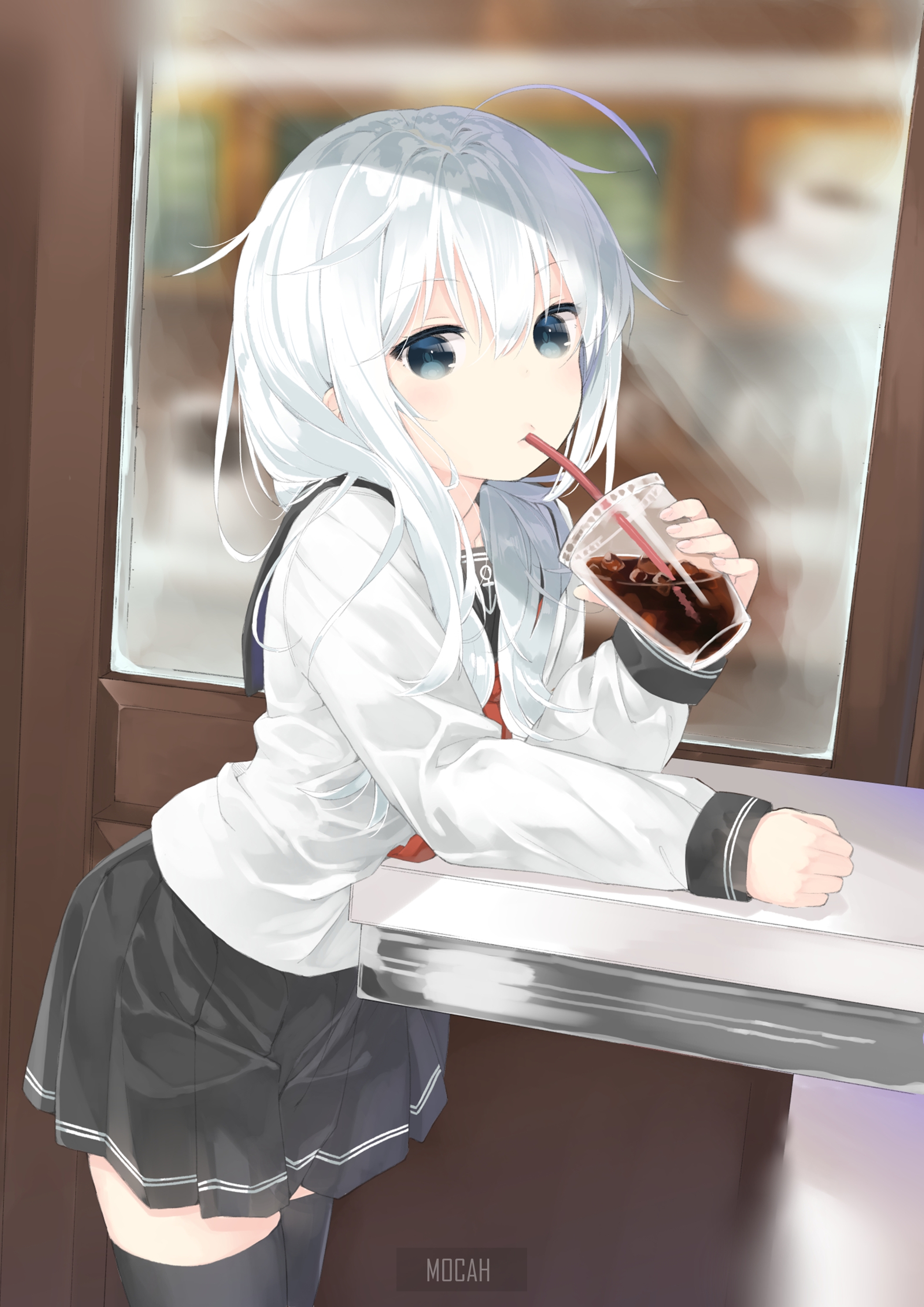 Anime girl with white hair drinking from a cup HD Phone Wallpaper