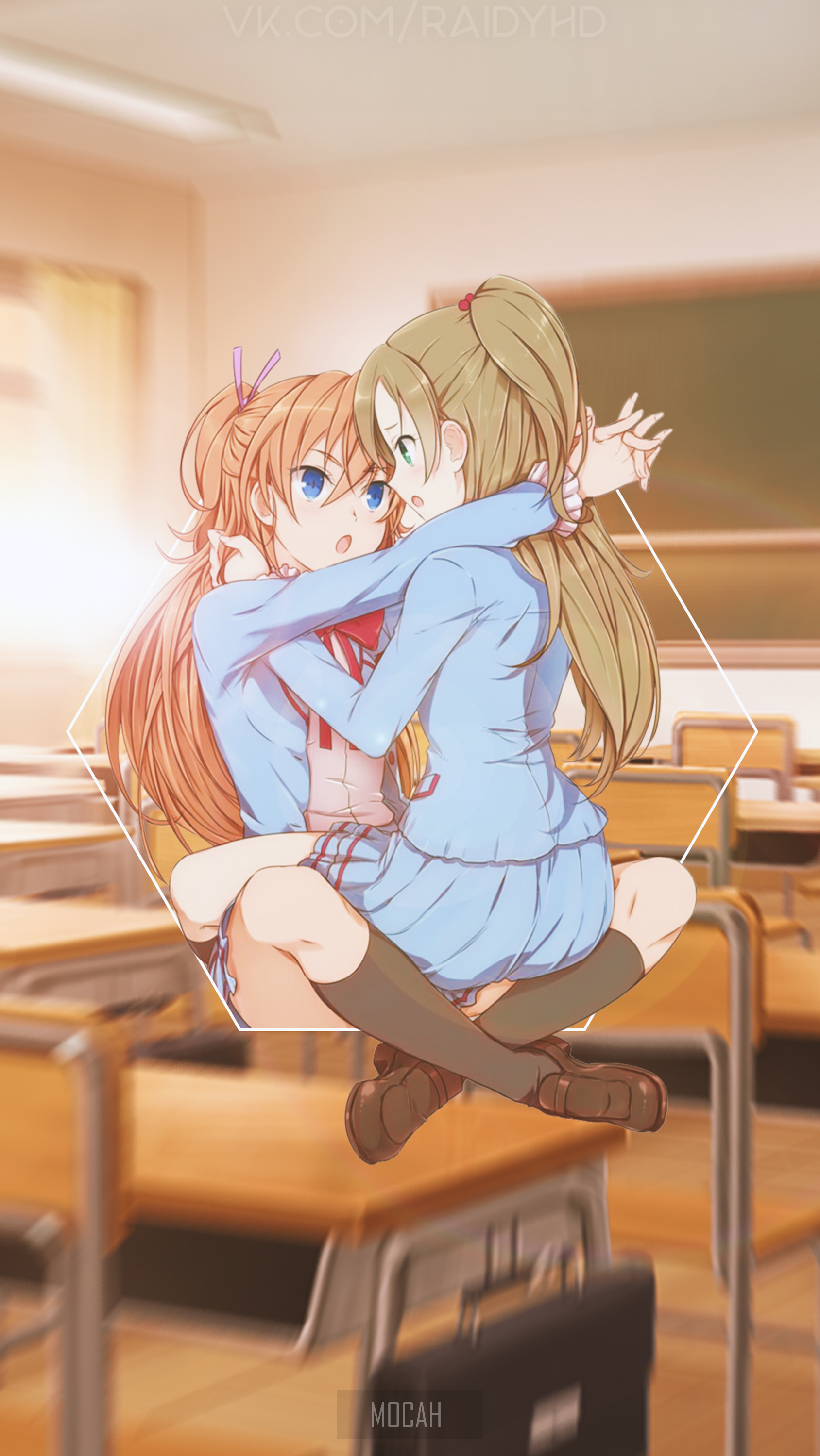 Two anime girls in school uniforms hugging in a classroom HD Phone Wallpaper