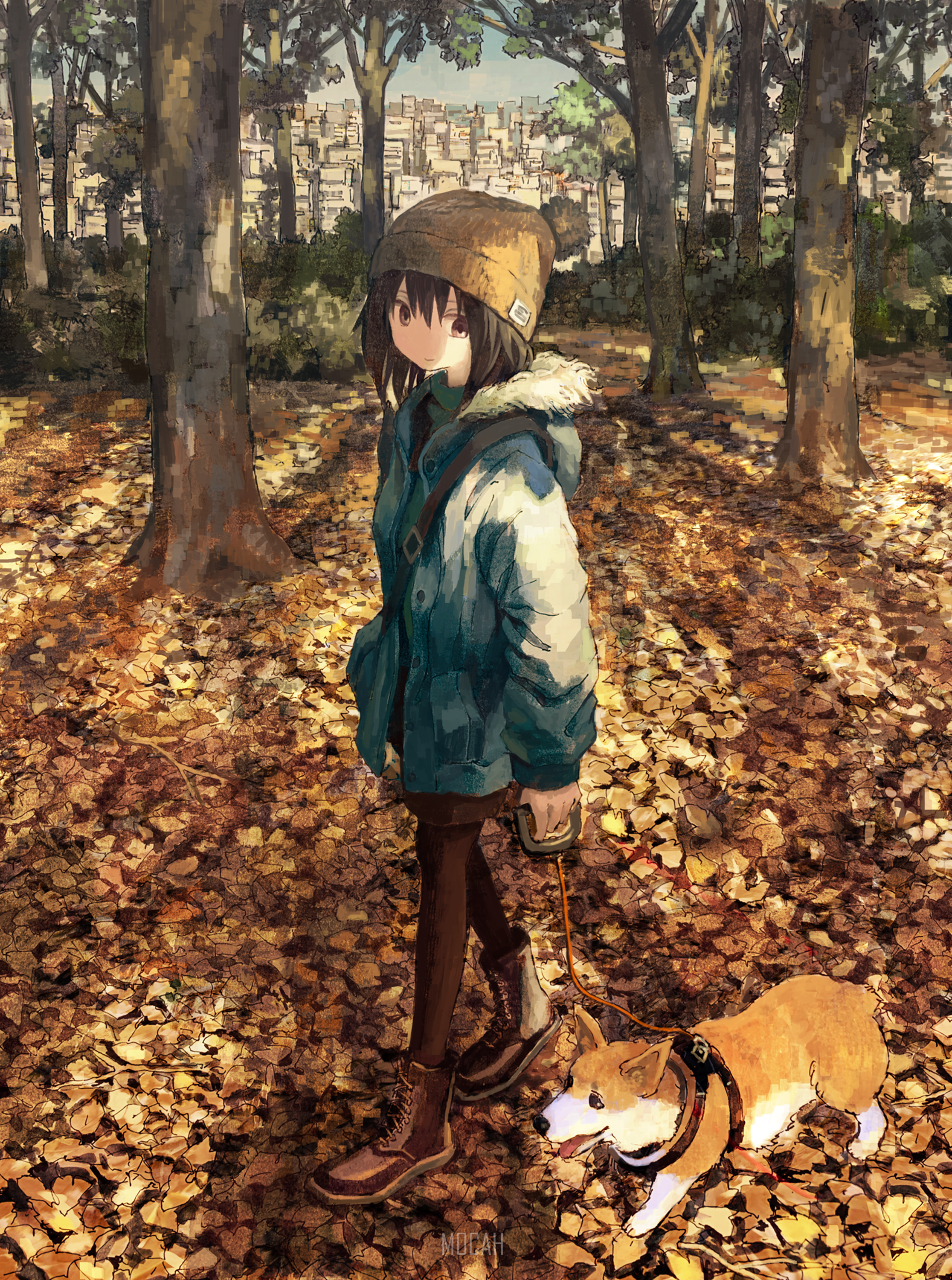 Anime girl walking a dog in autumn forest HD Phone Wallpaper