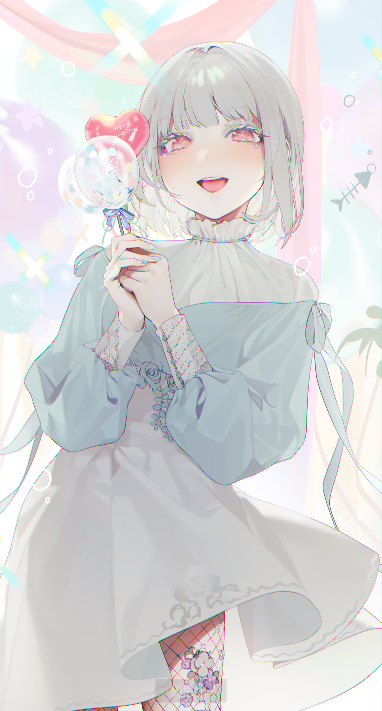 Anime girl with short white hair holding a lollipop HD Phone Wallpaper