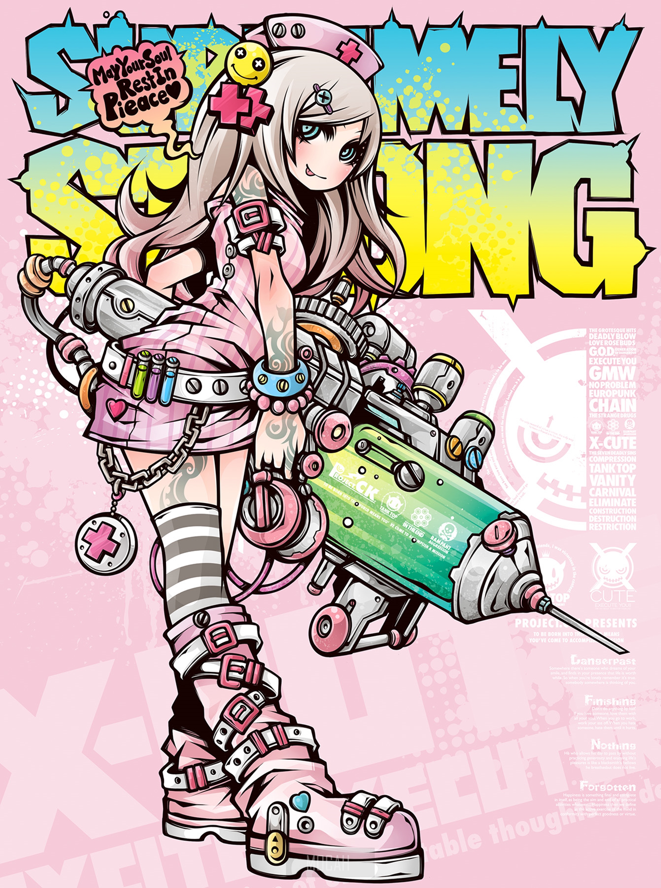 Anime nurse with syringe and text HD Phone Wallpaper