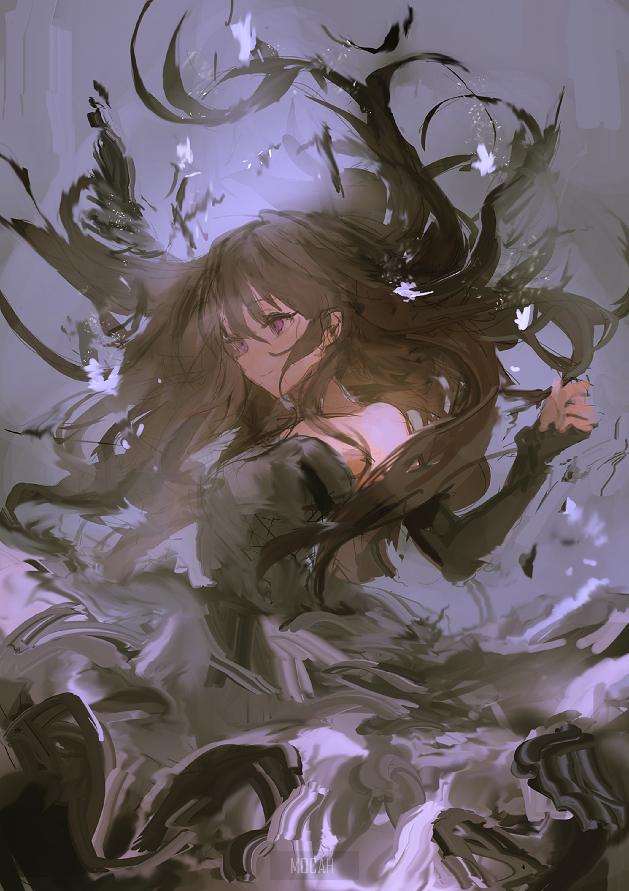 Anime girl with dark hair and purple eyes HD Phone Wallpaper