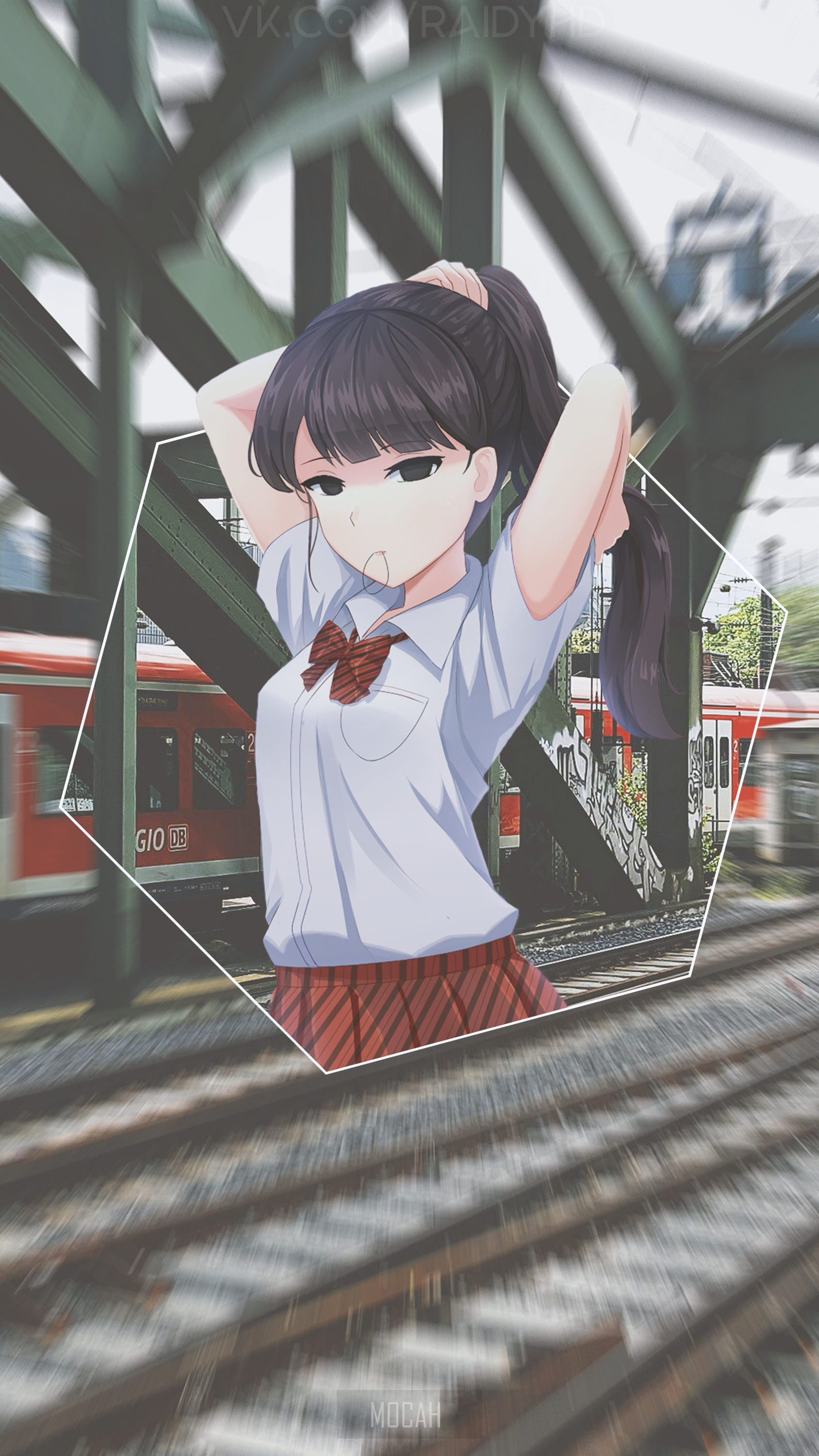 Komi Shouko from Komi Can't Communicate by a train track HD Phone Wallpaper