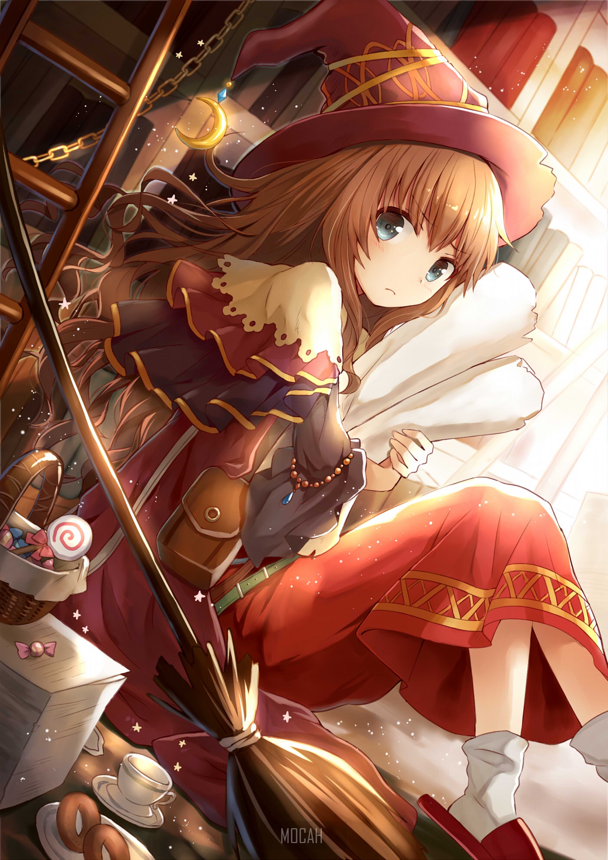 Anime witch girl with broom and candy HD Phone Wallpaper
