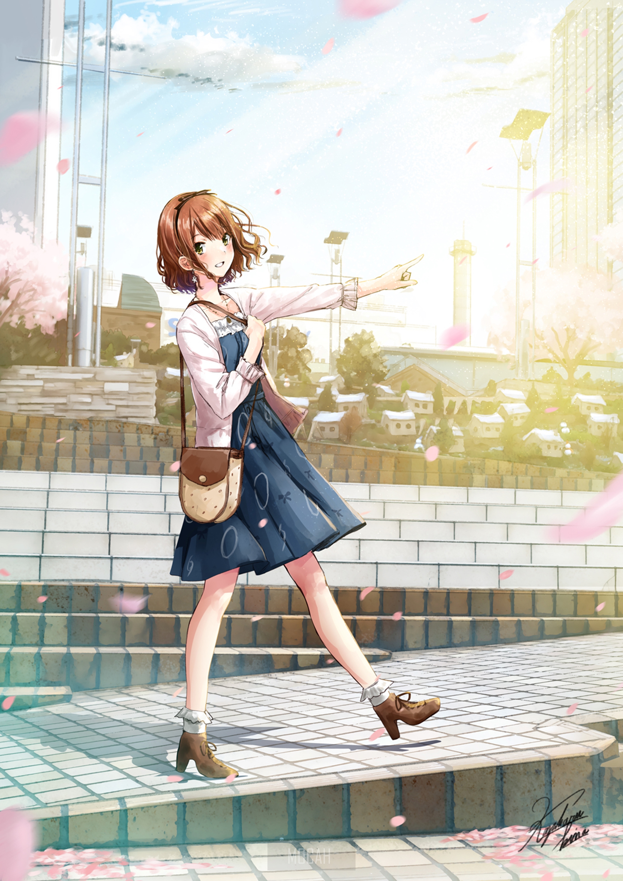 Anime girl in dress pointing on stairs with falling petals HD Phone Wallpaper