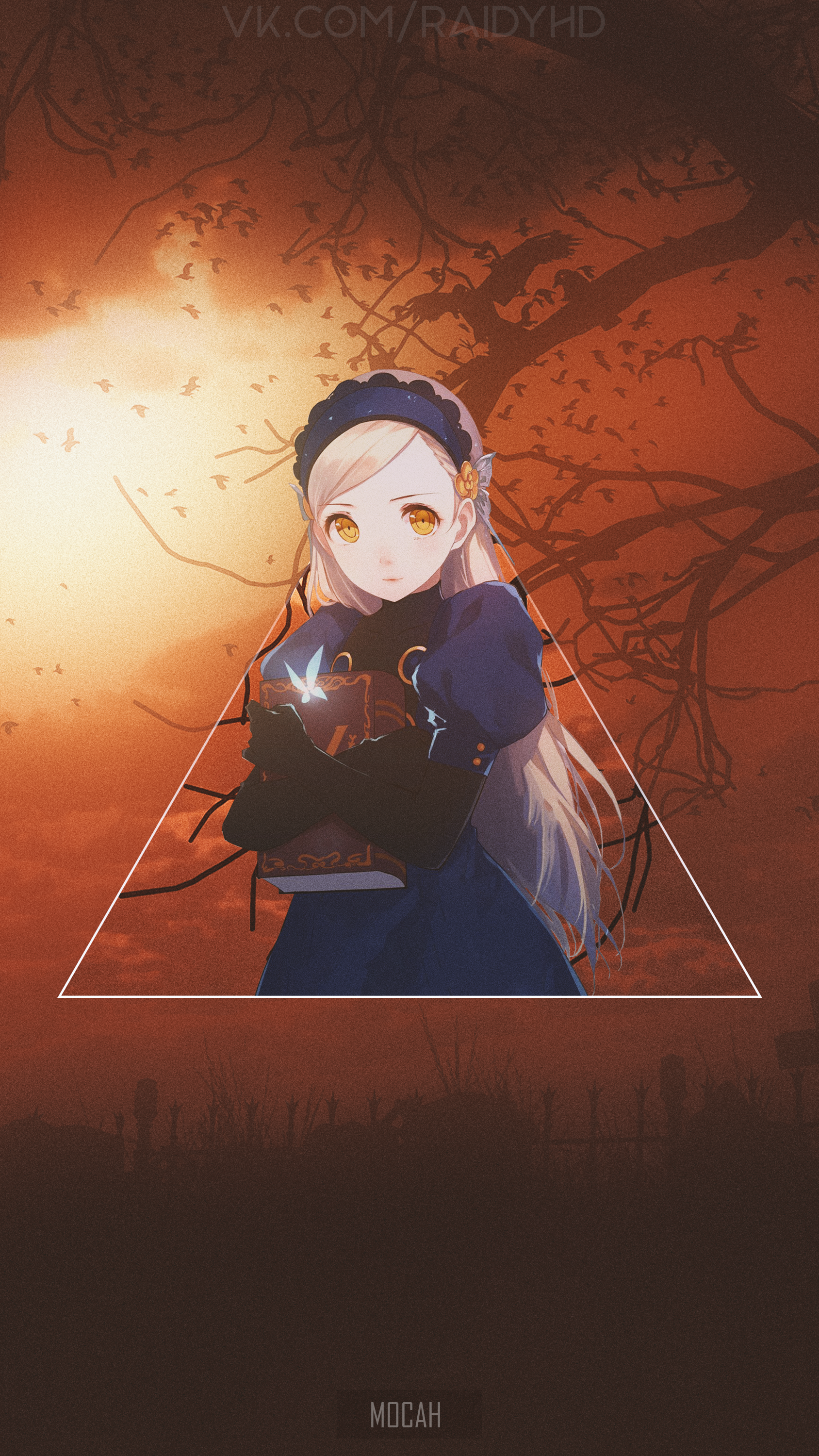 Anime girl with book in front of trees and birds HD Phone Wallpaper