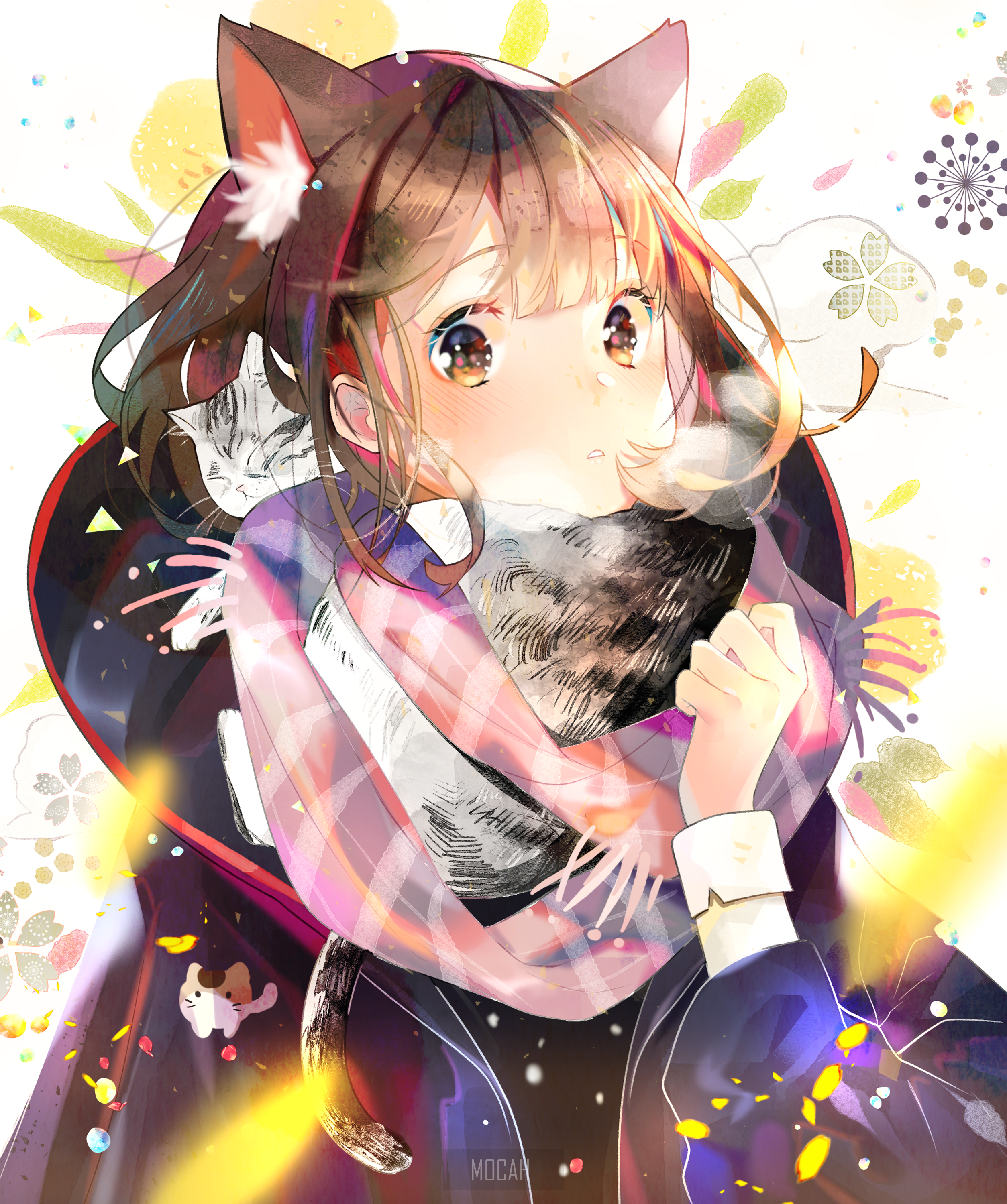 Anime girl with cat ears and cats HD Phone Wallpaper
