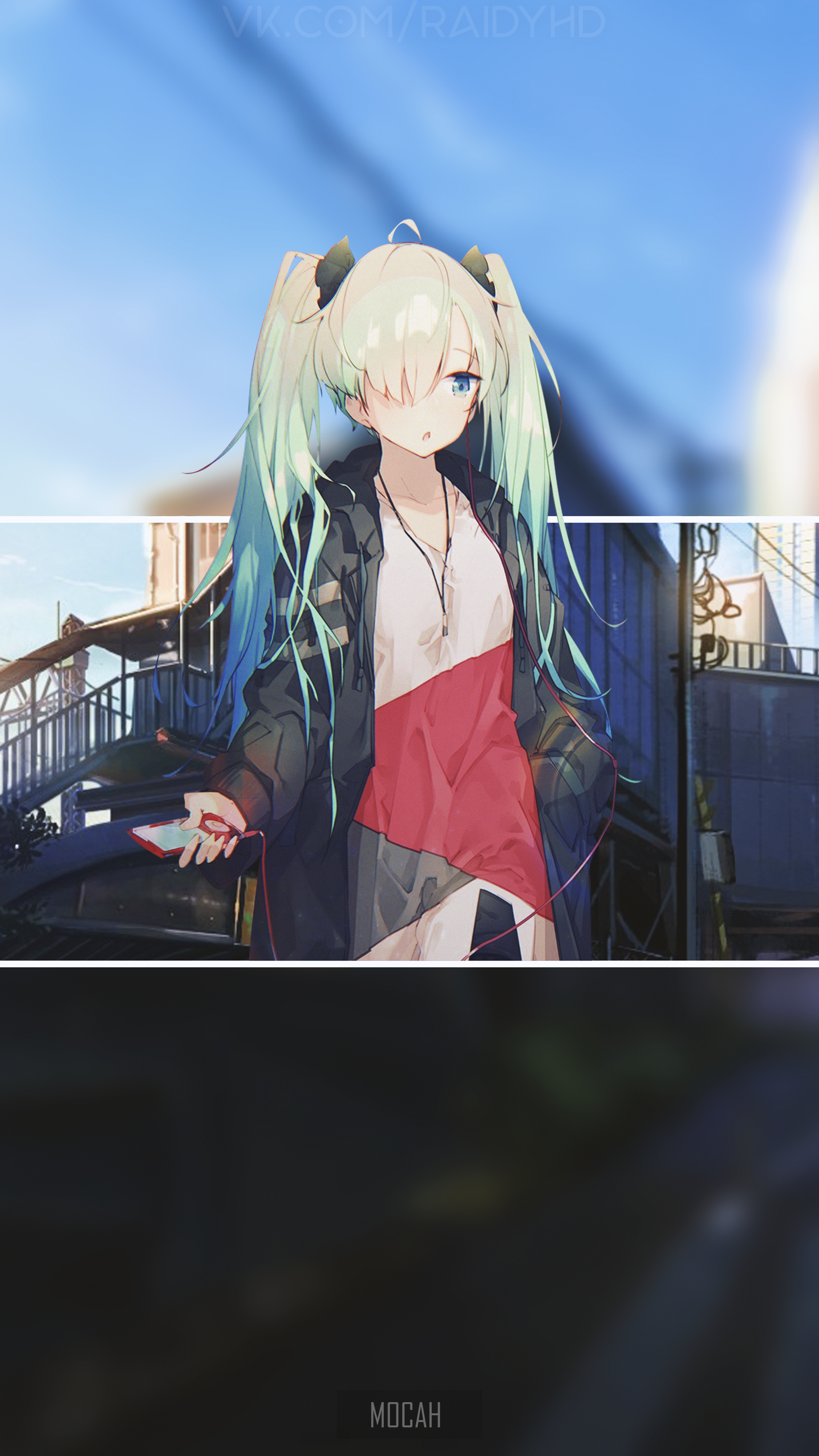 Anime girl with headphones and phone HD Phone Wallpaper