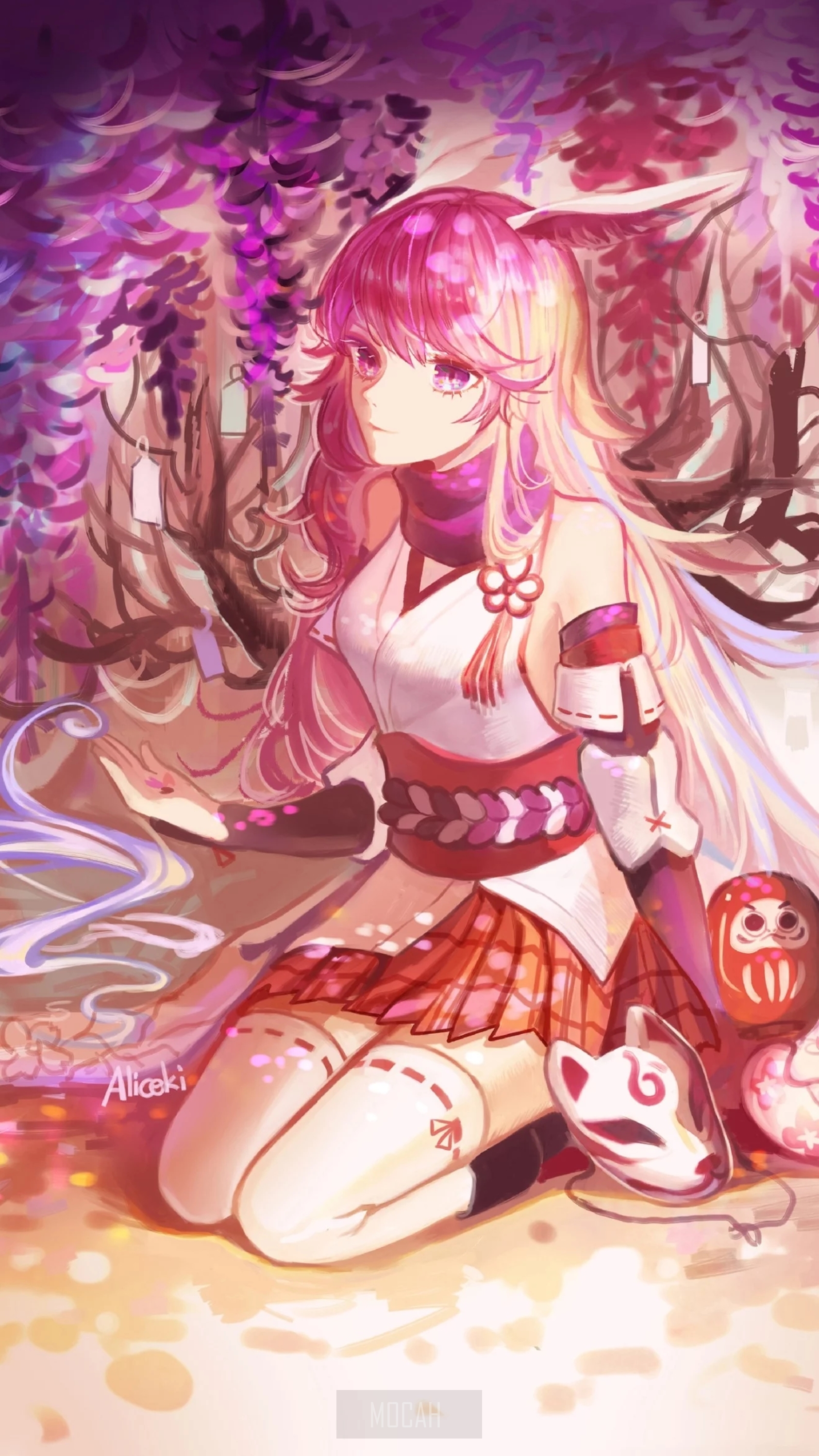 Yae Sakura from Honkai Impact 3rd kneeling under wisteria HD Phone Wallpaper