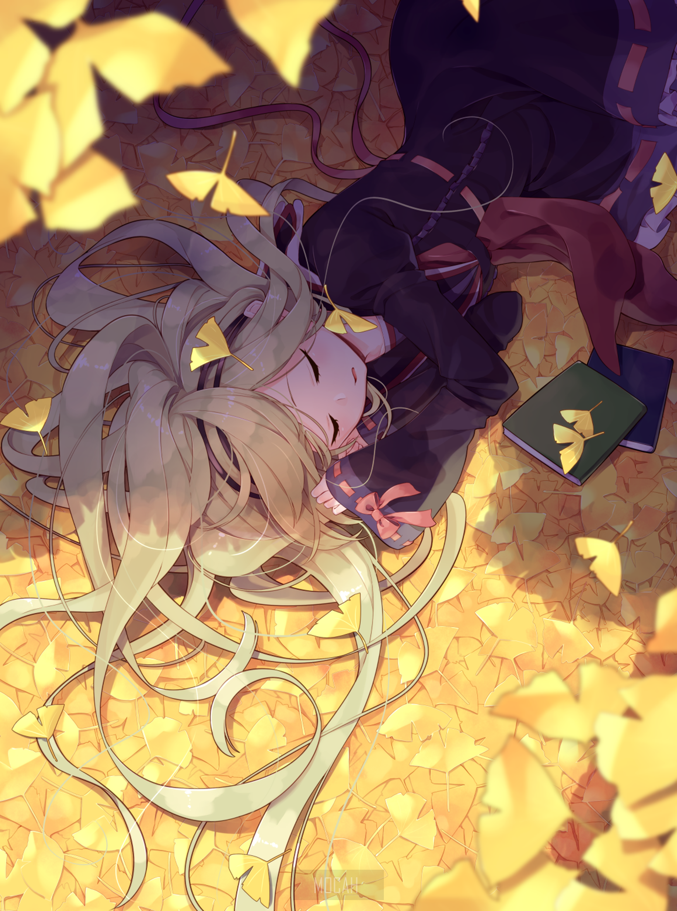 Anime girl sleeping on ginkgo leaves HD Phone Wallpaper