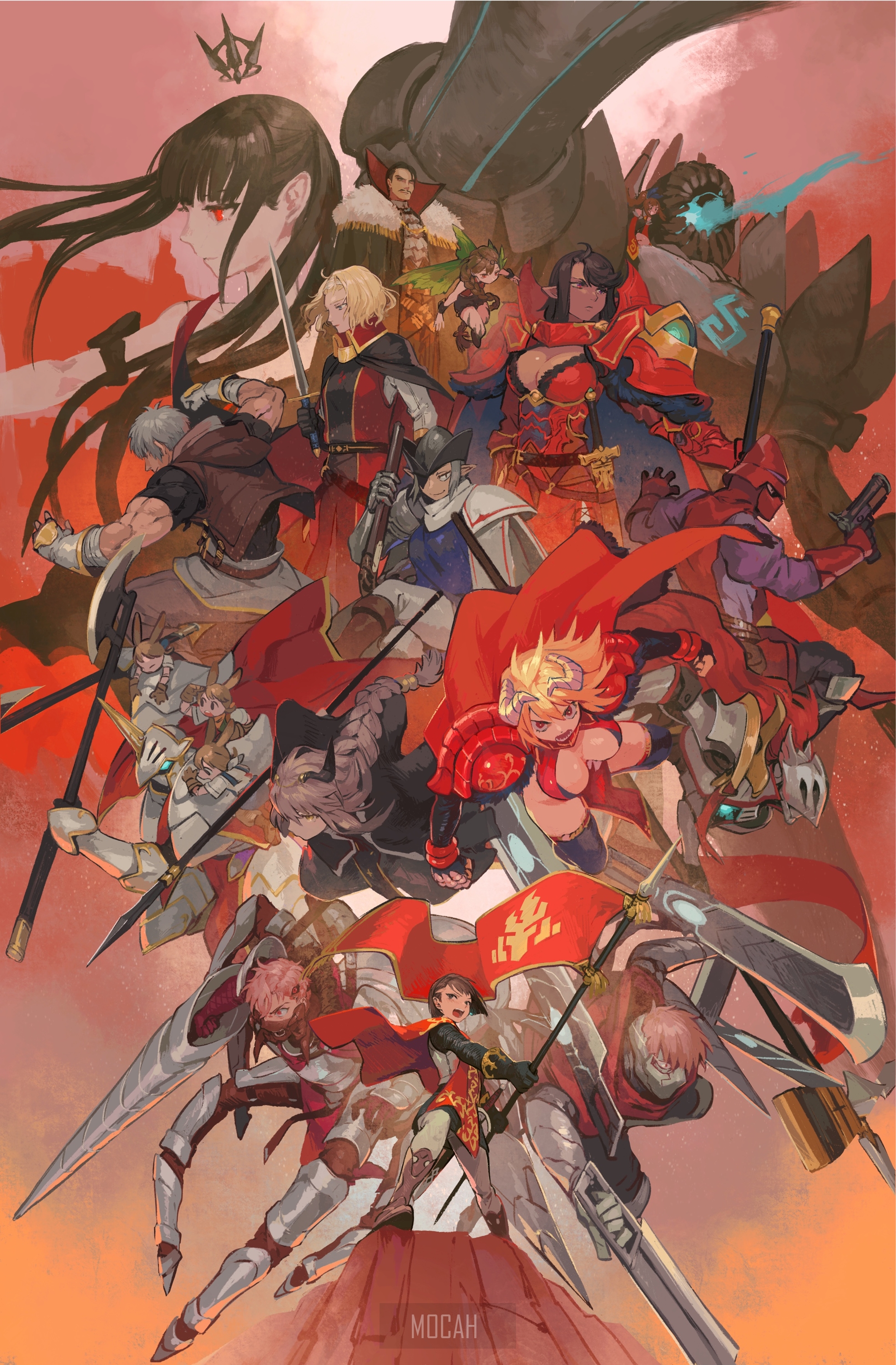 Group of fantasy characters in battle poses HD Phone Wallpaper