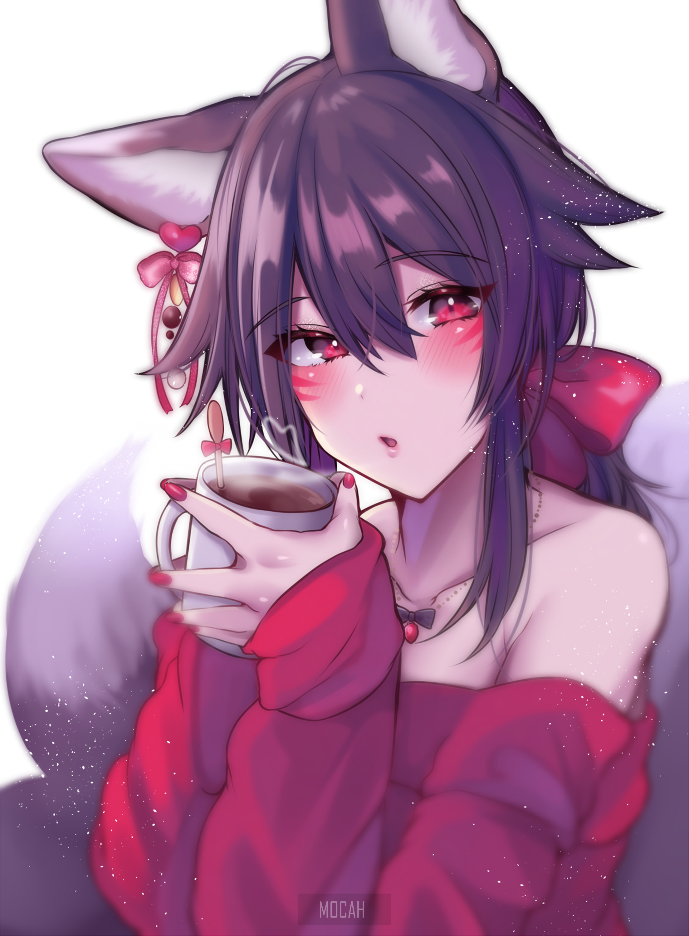 Anime girl with fox ears holding a mug HD Phone Wallpaper