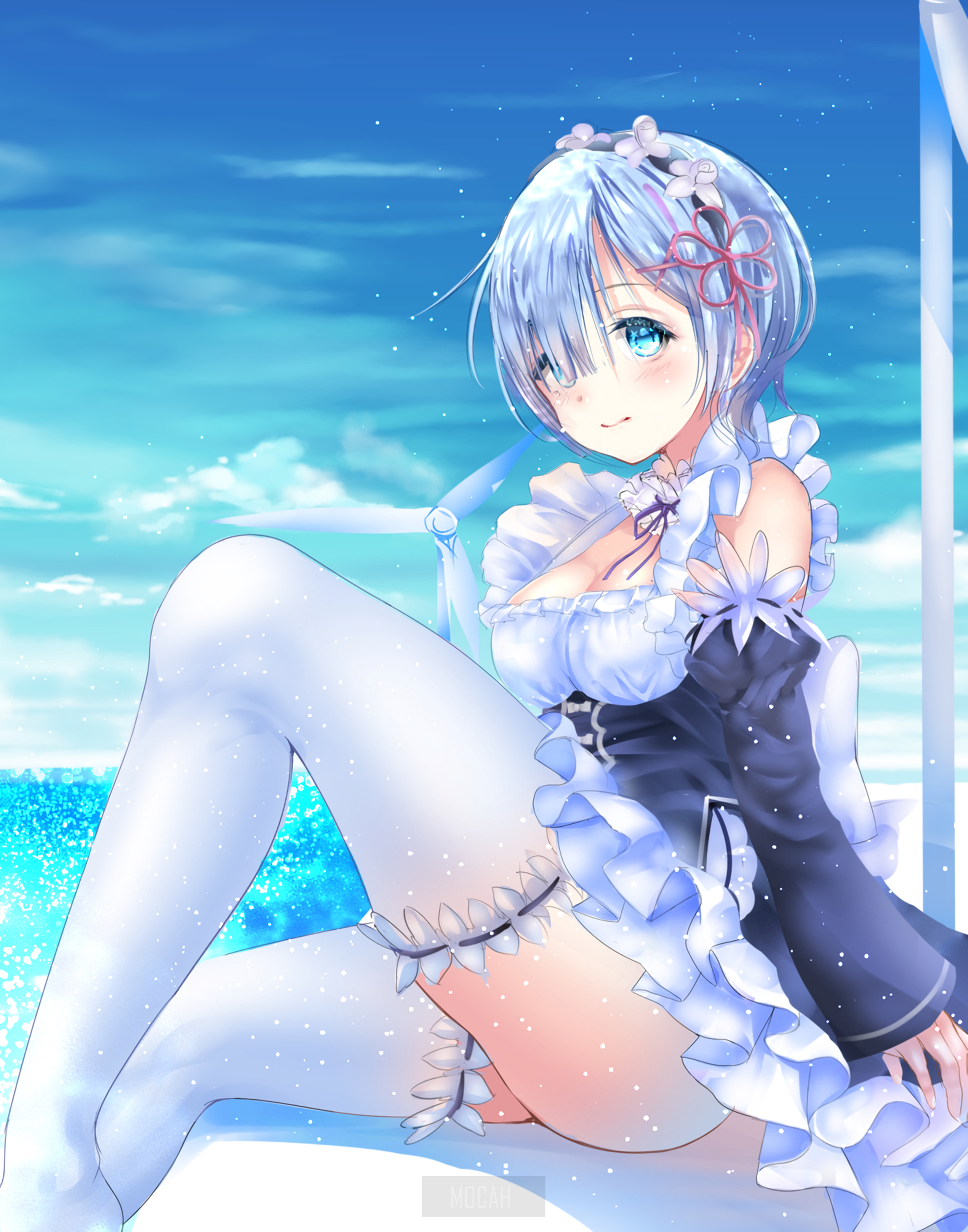 Rem from Re:Zero sitting by the sea HD Phone Wallpaper