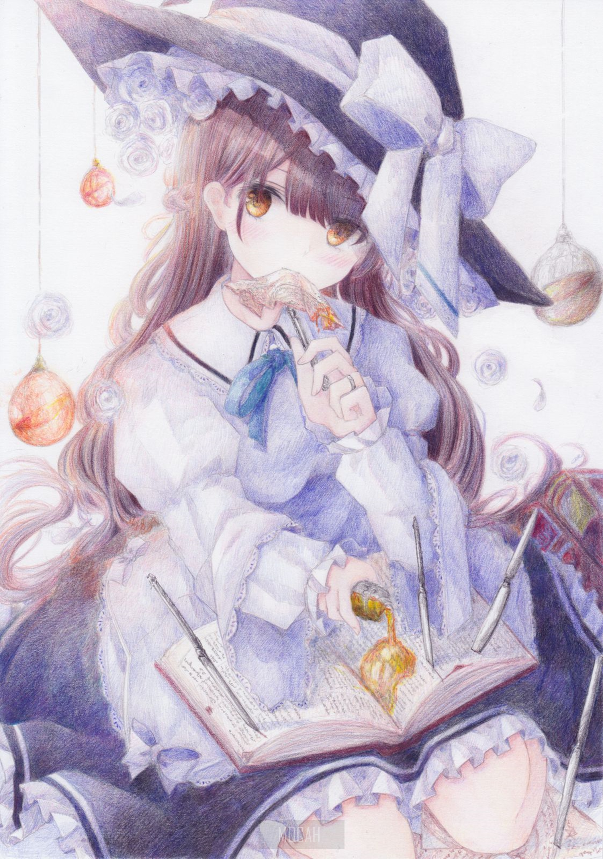 Anime girl in witch hat with book and potion HD Phone Wallpaper