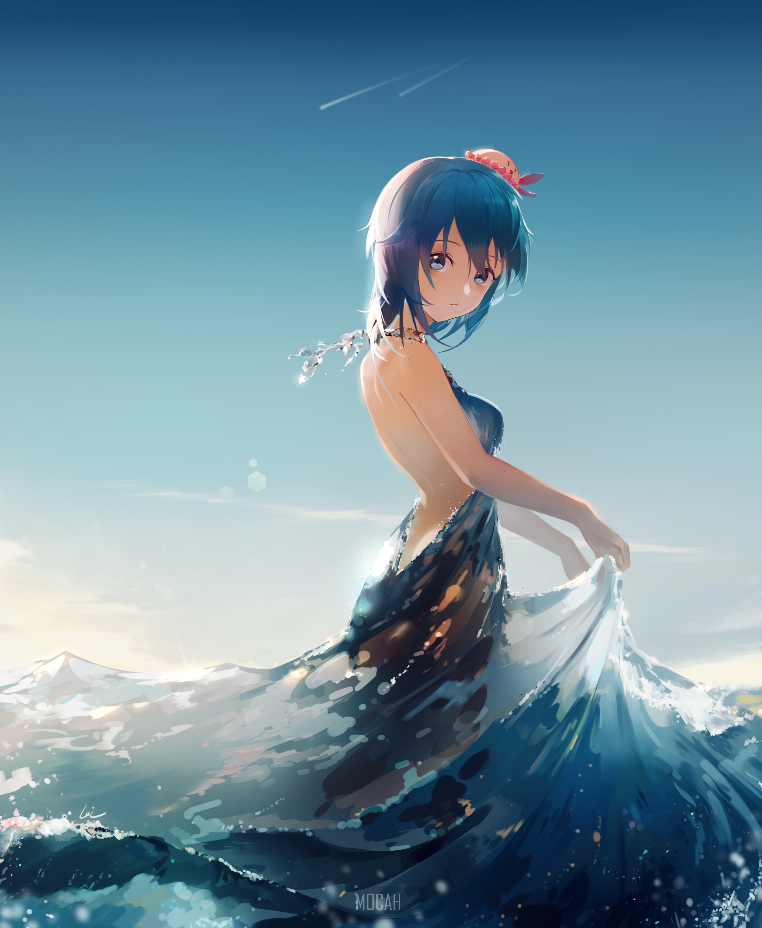 Anime girl in a dress made of water HD Phone Wallpaper