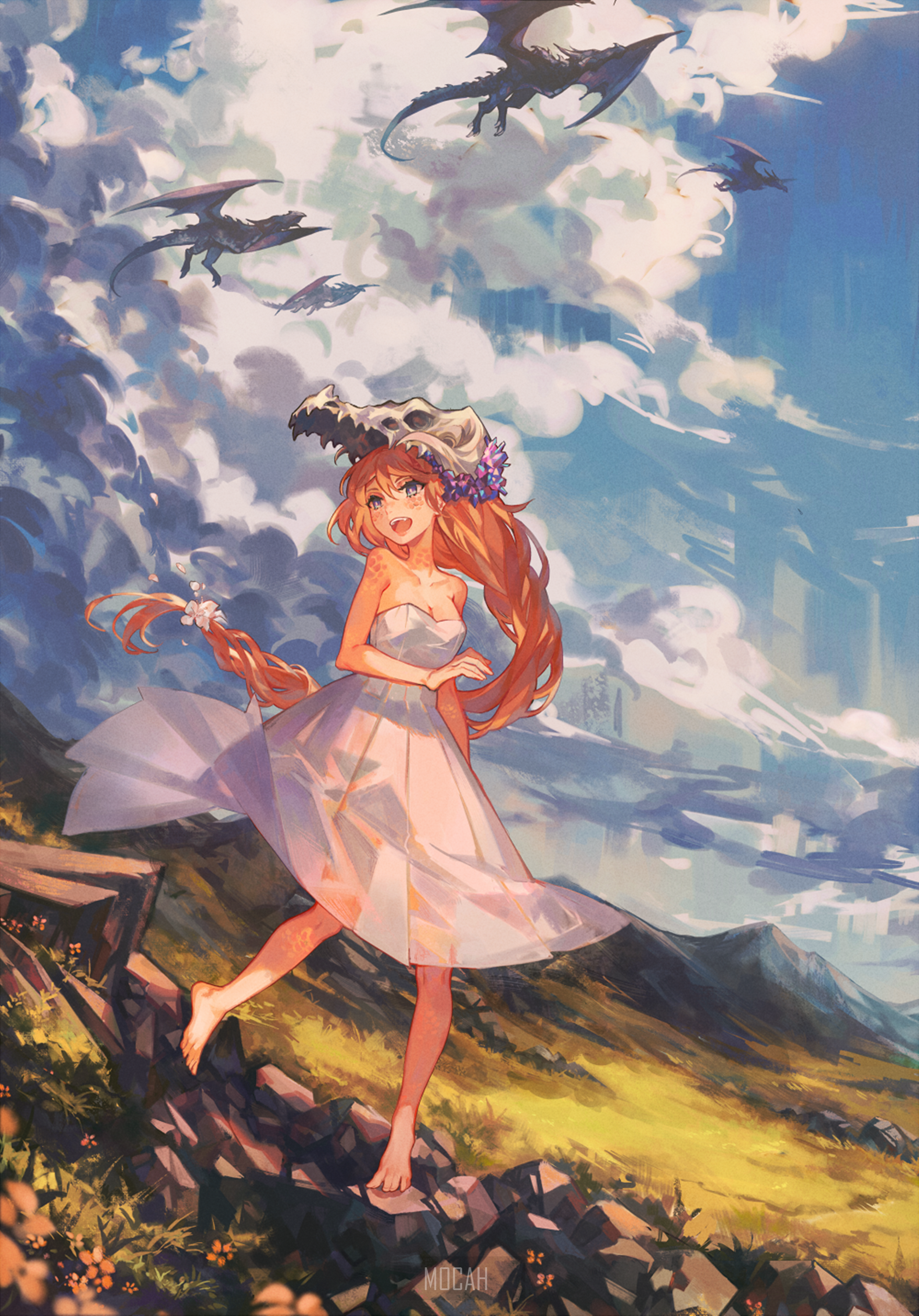 Anime girl with dragon skull headdress and dragons in the sky HD Phone Wallpaper
