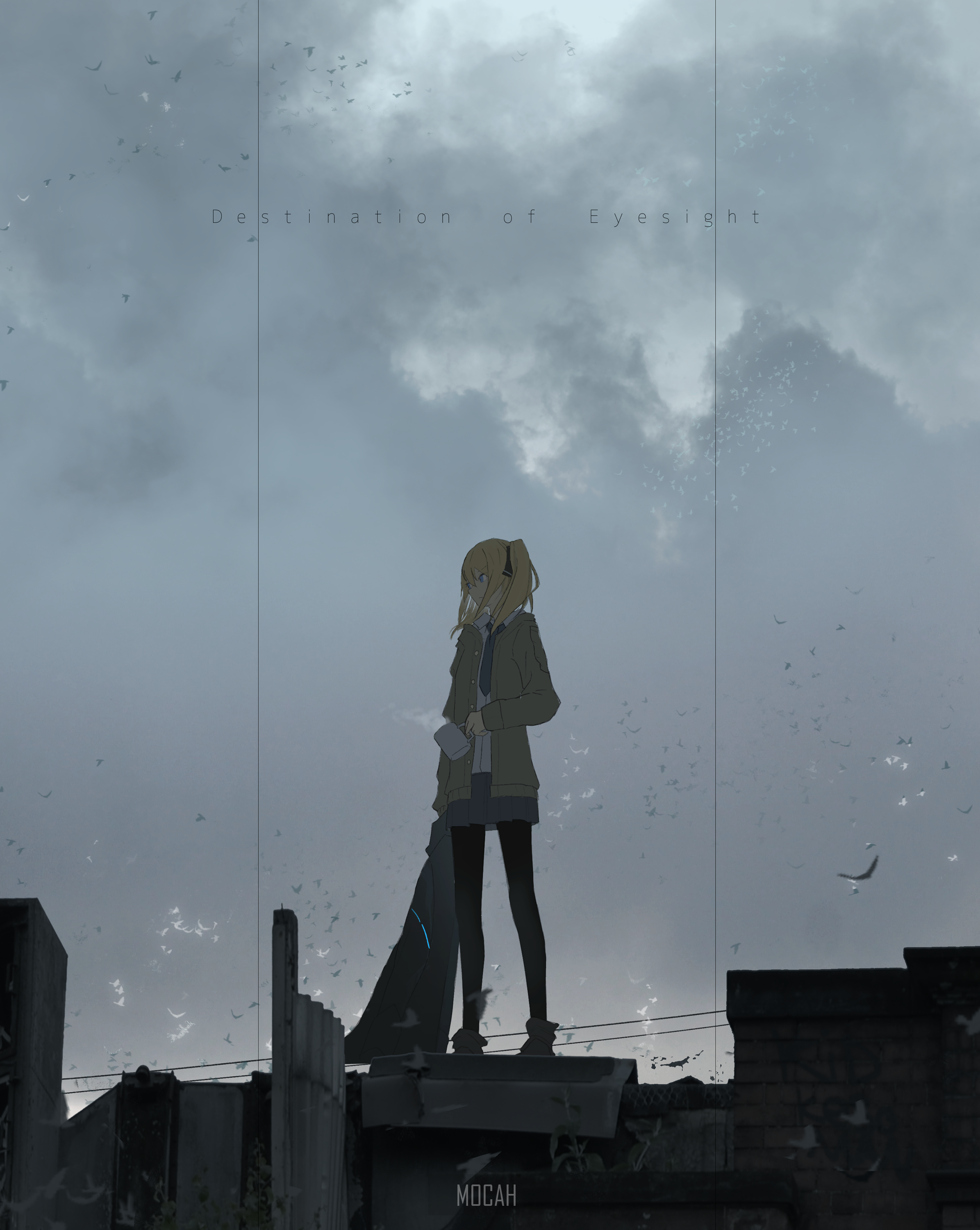 Anime girl with blonde hair and headphones standing on a rooftop HD Phone Wallpaper