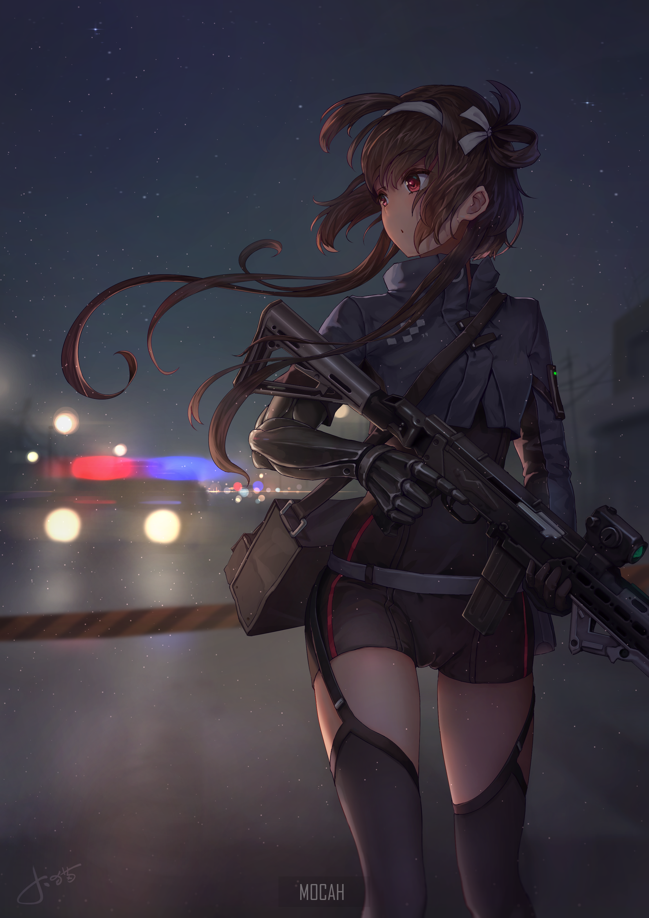 Anime girl with assault rifle in uniform at night HD Phone Wallpaper