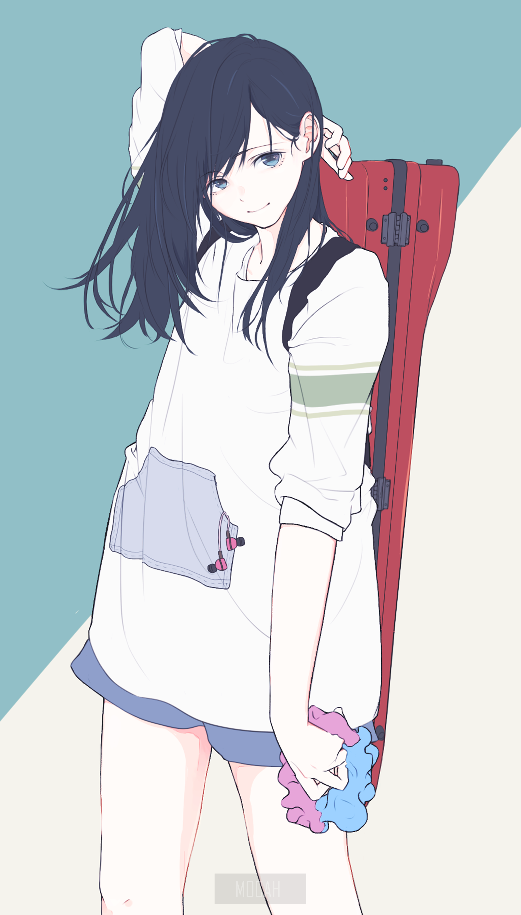 Anime girl with a guitar case HD Phone Wallpaper
