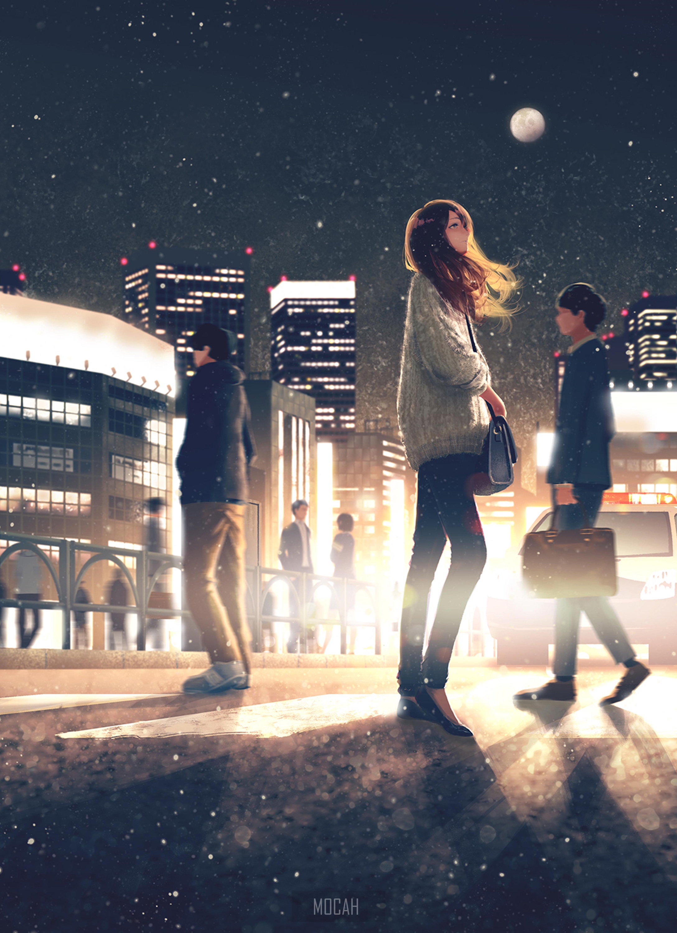 Anime characters in a city at night HD Phone Wallpaper