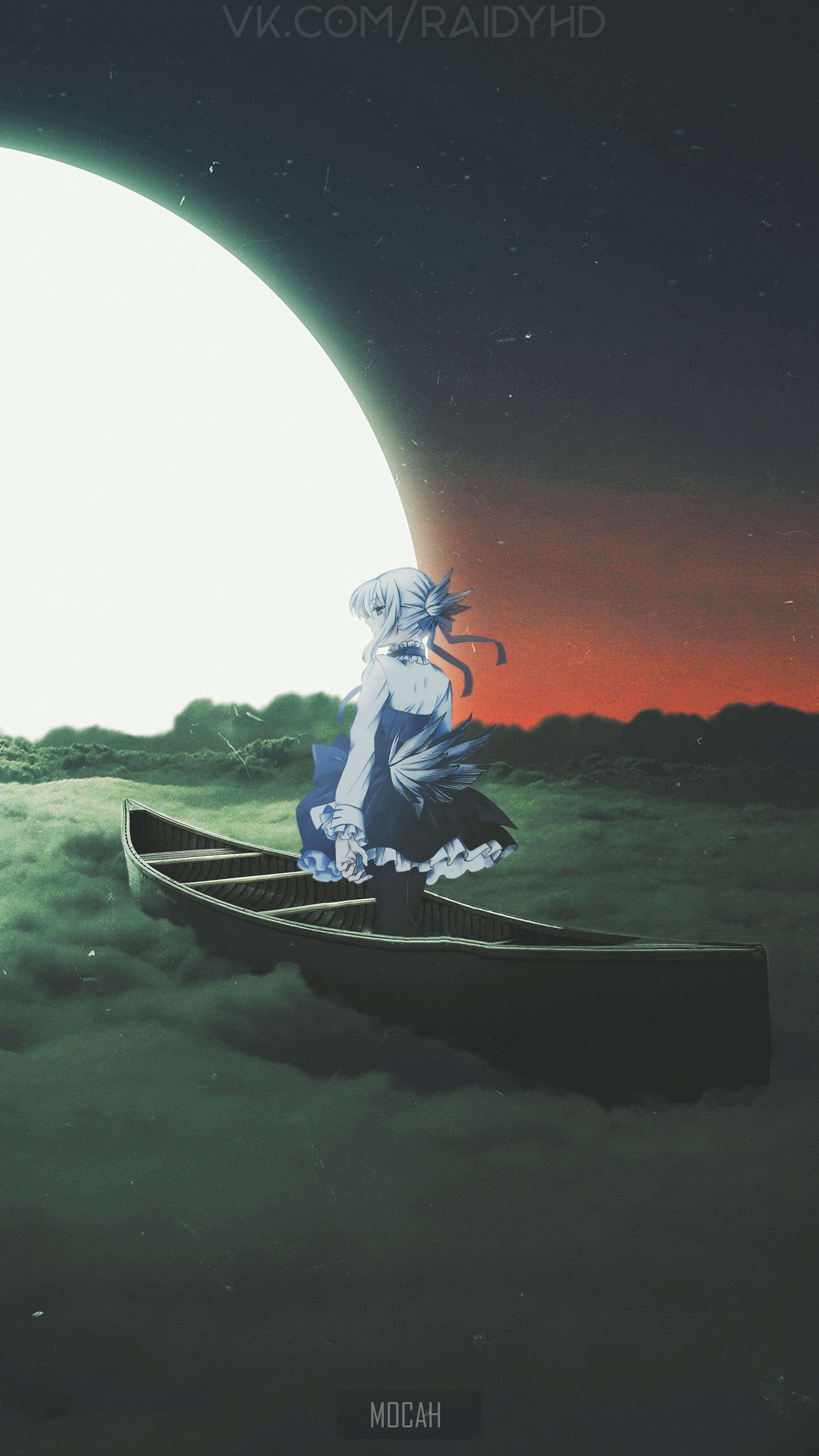 Anime girl in a boat under the moon HD Phone Wallpaper