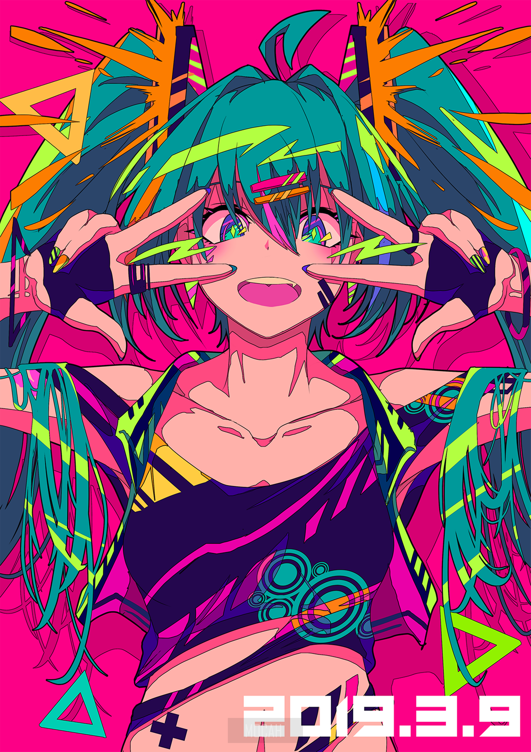 Hatsune Miku from Vocaloid in colorful anime art HD Phone Wallpaper
