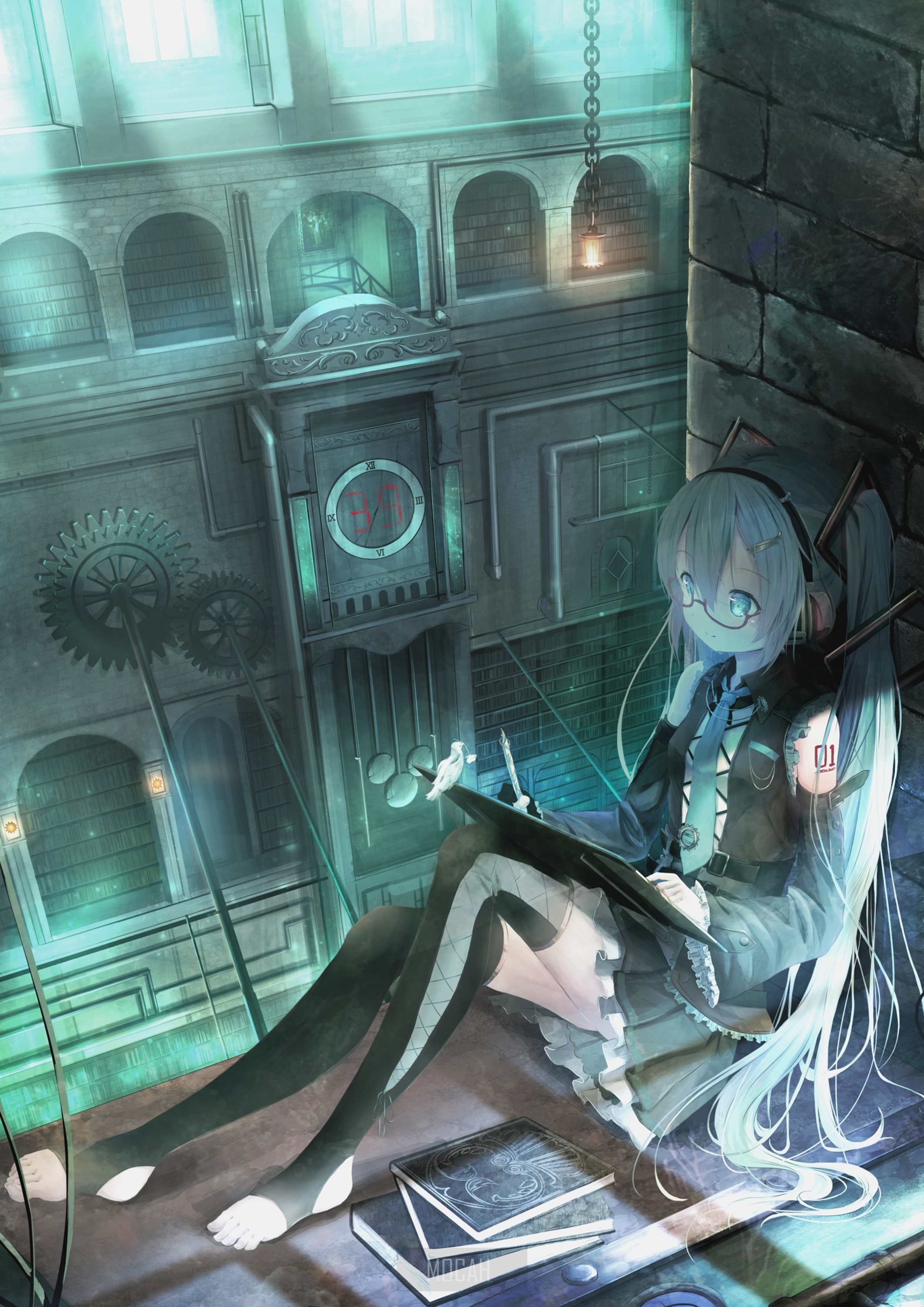 Hatsune Miku Reading in a Steampunk Setting HD Phone Wallpaper