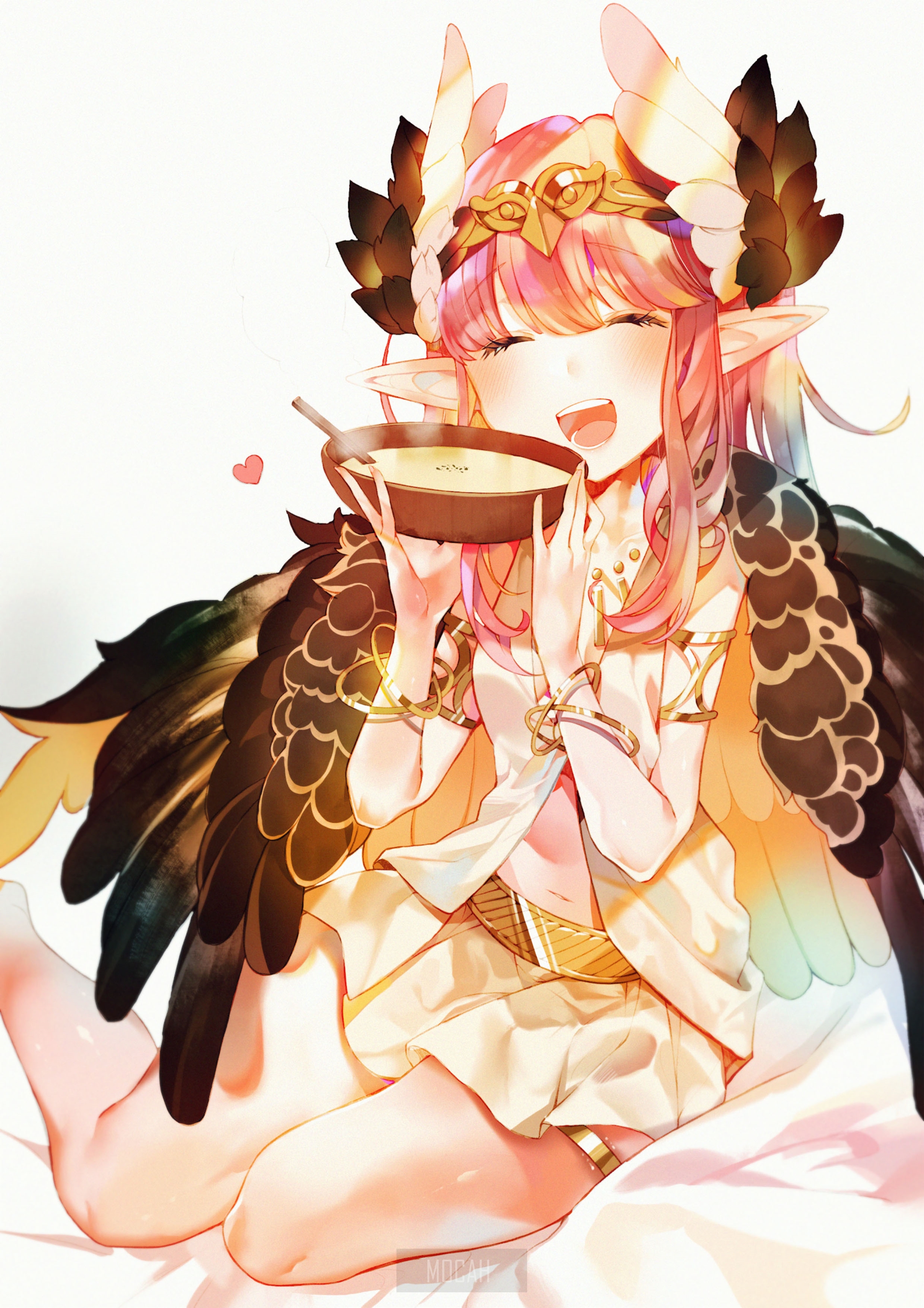 Anime girl with wings eating soup HD Phone Wallpaper